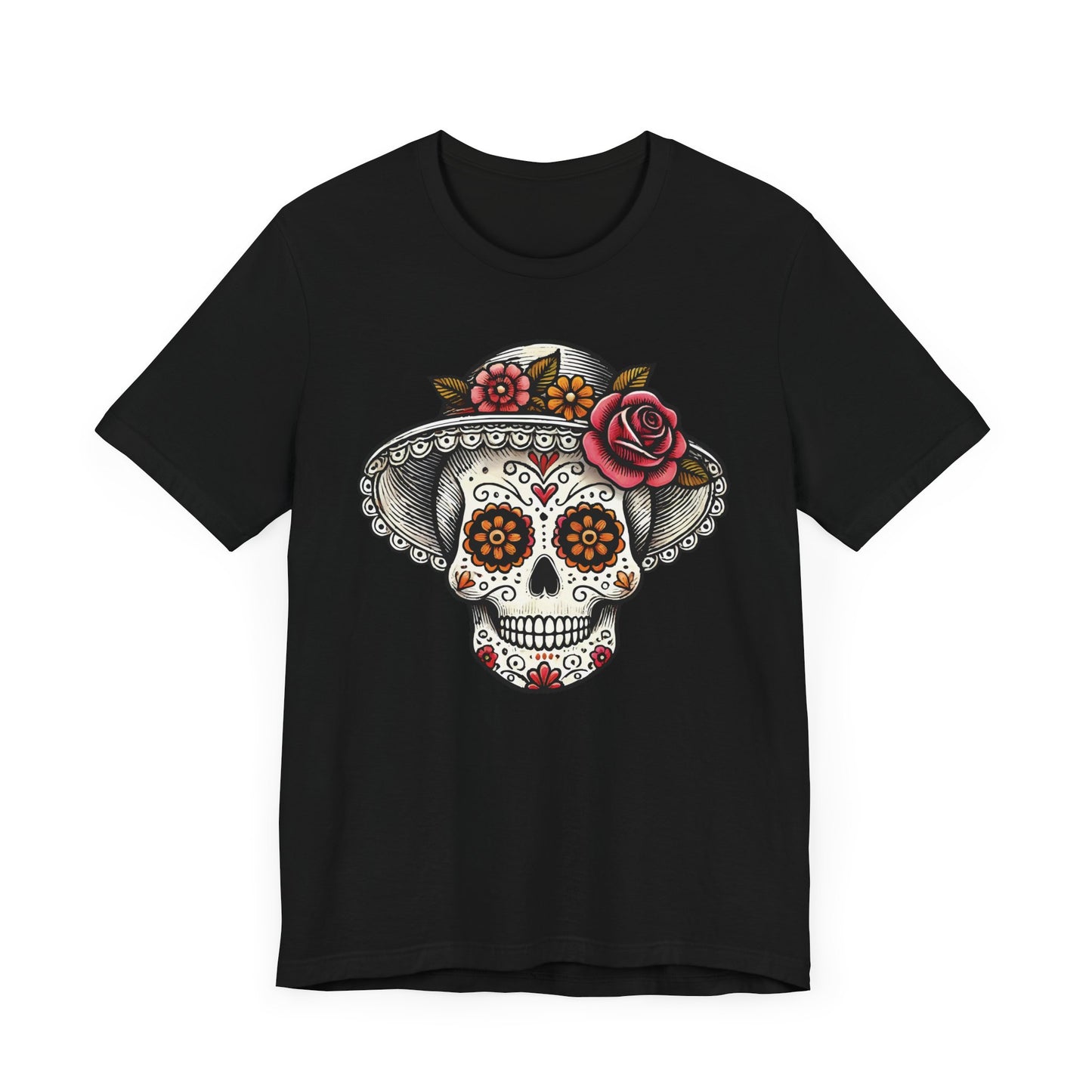 Elegant Catrina Sugar Skull T-Shirt – Lady Skull with Floral Hat – Día de los Muertos Art Tee