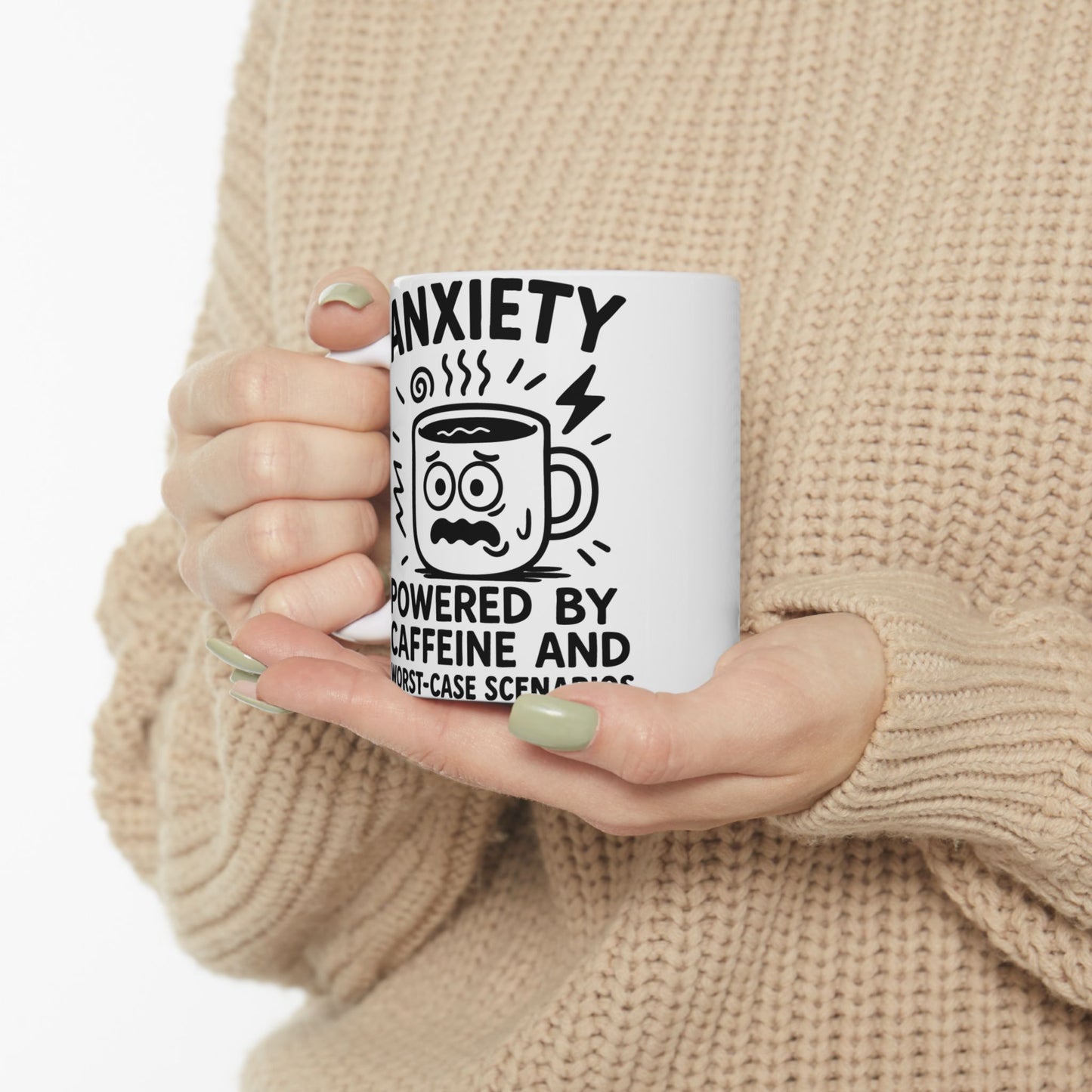 Funny Anxiety Coffee Mug – "Powered by Caffeine and Worst-Case Scenarios" – White Ceramic Mug