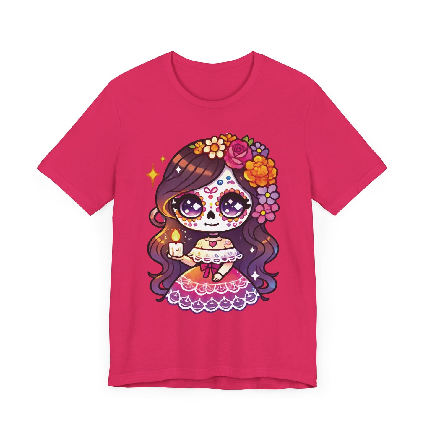 Kawaii Sugar Skull Girl with Candle T-Shirt - Día de los Muertos Cute Tee