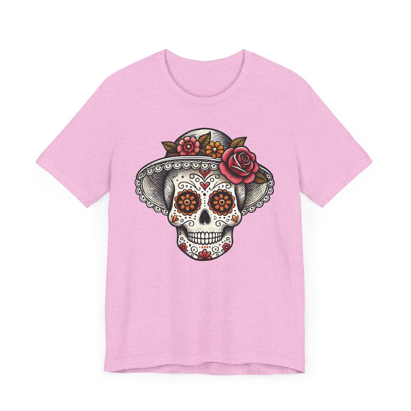 Elegant Catrina Sugar Skull T-Shirt – Lady Skull with Floral Hat – Día de los Muertos Art Tee