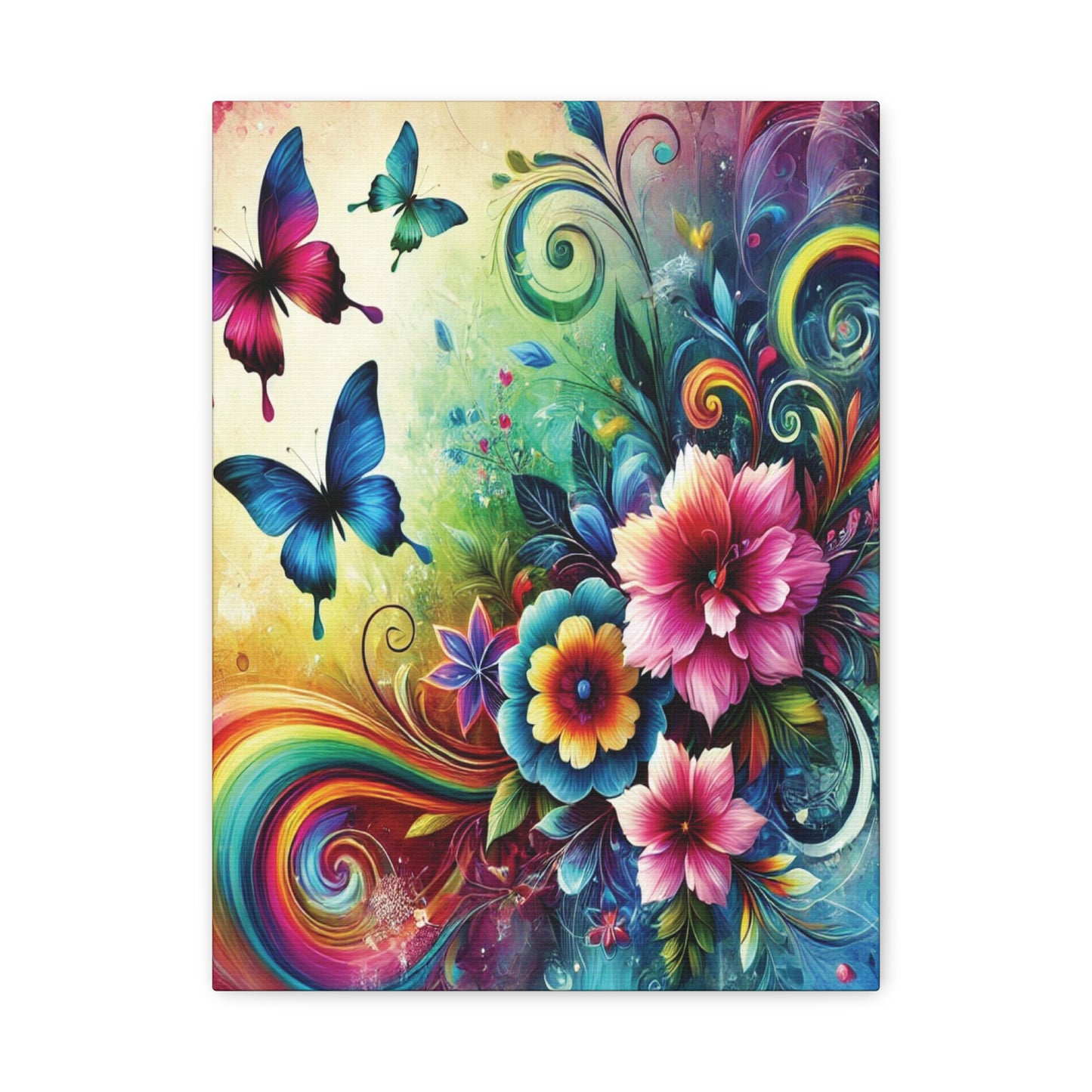 Whimsical Rainbow Floral Canvas – Colorful Flowers & Butterflies Wall Art