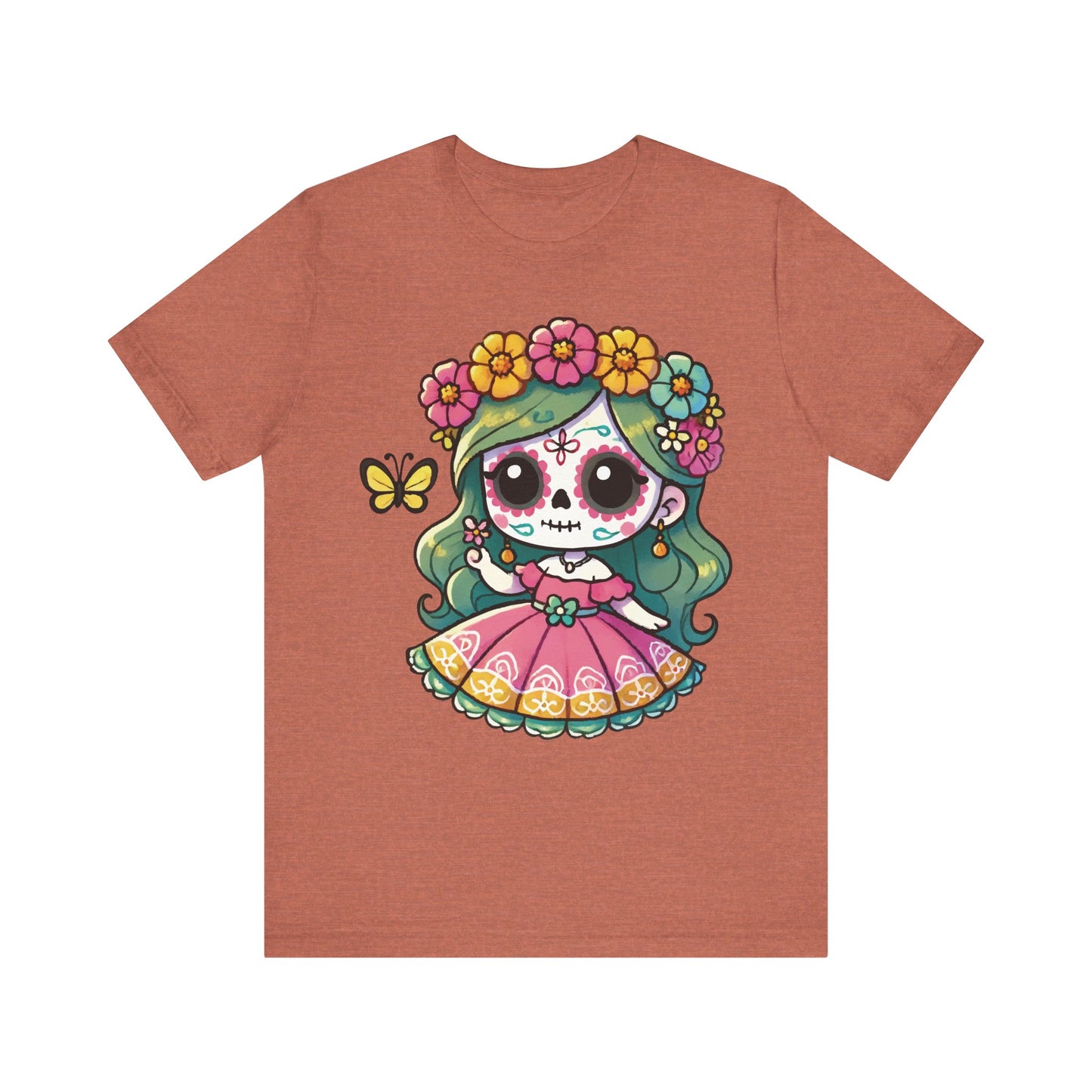 Heather clay t-shirt with kawaii sugar skull girl, pink traditional Mexican dress, flower crown, green hair, and butterfly.