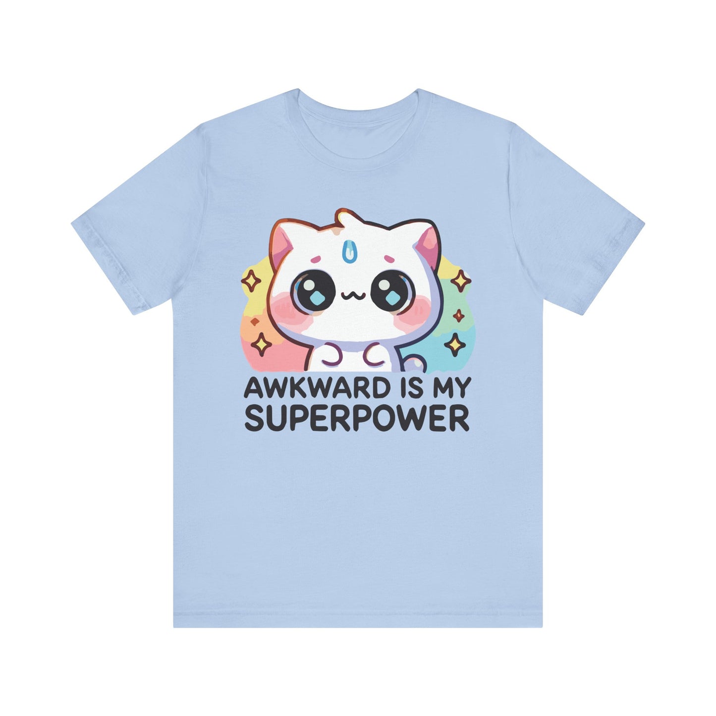 Baby blue t-shirt with a colorful pastel cat design and the funny phrase "Awkward Is My Superpower" in bold white lettering.