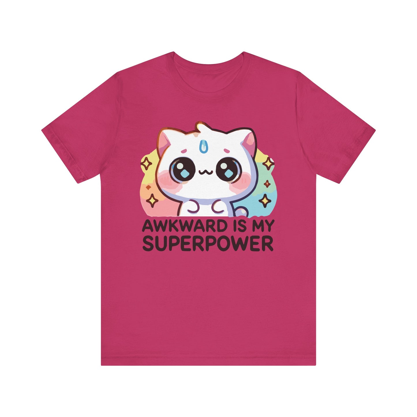 Berry-colored t-shirt with a cute pastel anime-style cat and bold white text saying "Awkward Is My Superpower."