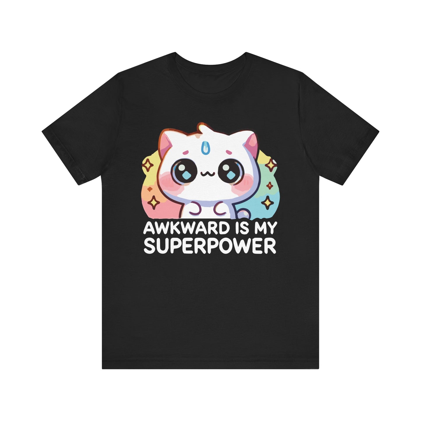 Black flat t-shirt with a vibrant pastel cat and sparkles, paired with the humorous phrase "Awkward Is My Superpower" in white text.