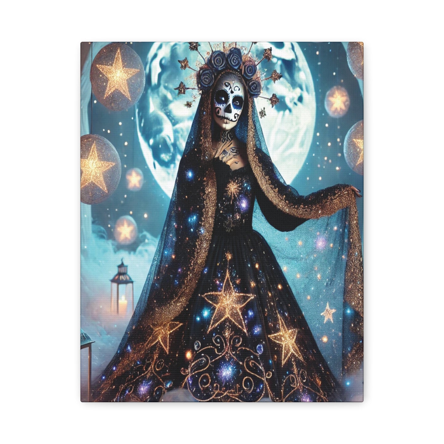 Canvas art featuring a mystical woman in a celestial gown decorated with stars, wearing a sugar skull face and cosmic headpiece, set against a glowing moonlit sky with floating star lanterns.