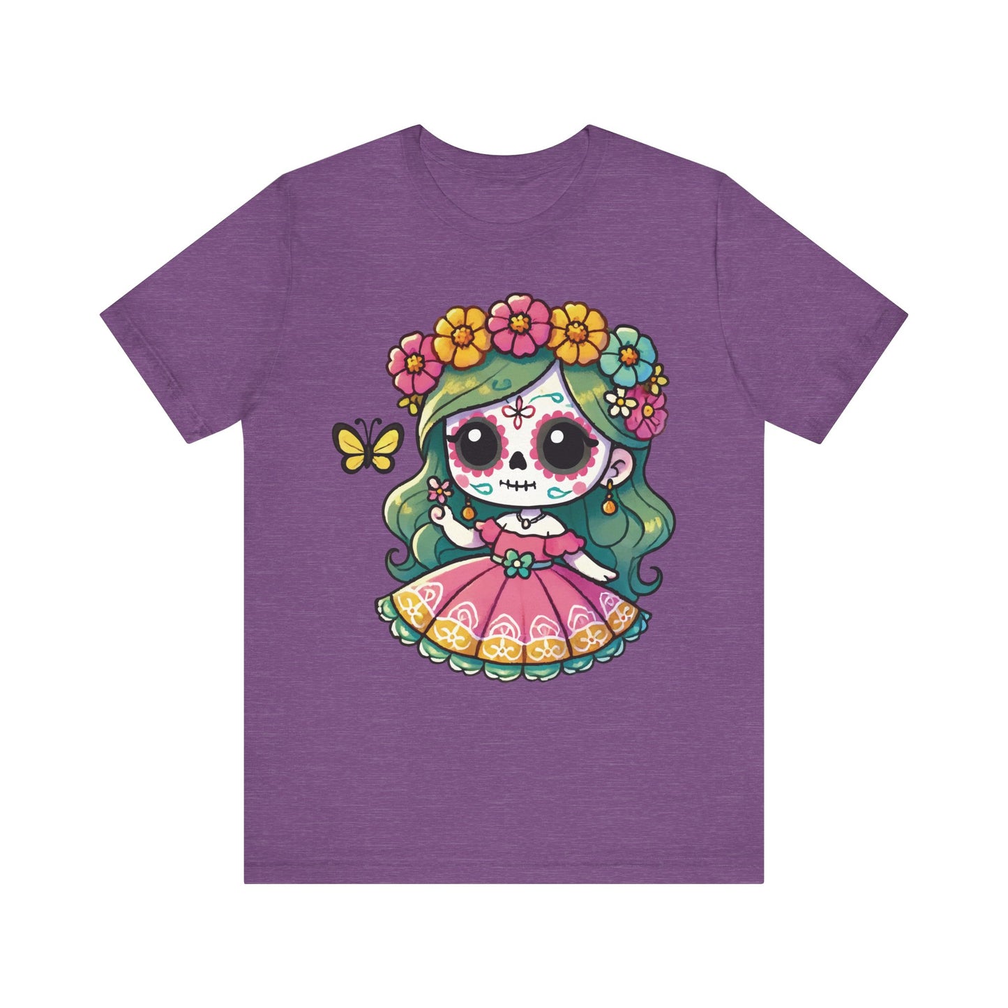 Team purple t-shirt with cute chibi sugar skull girl, green hair, pink traditional dress, colorful flower crown, and butterfly.