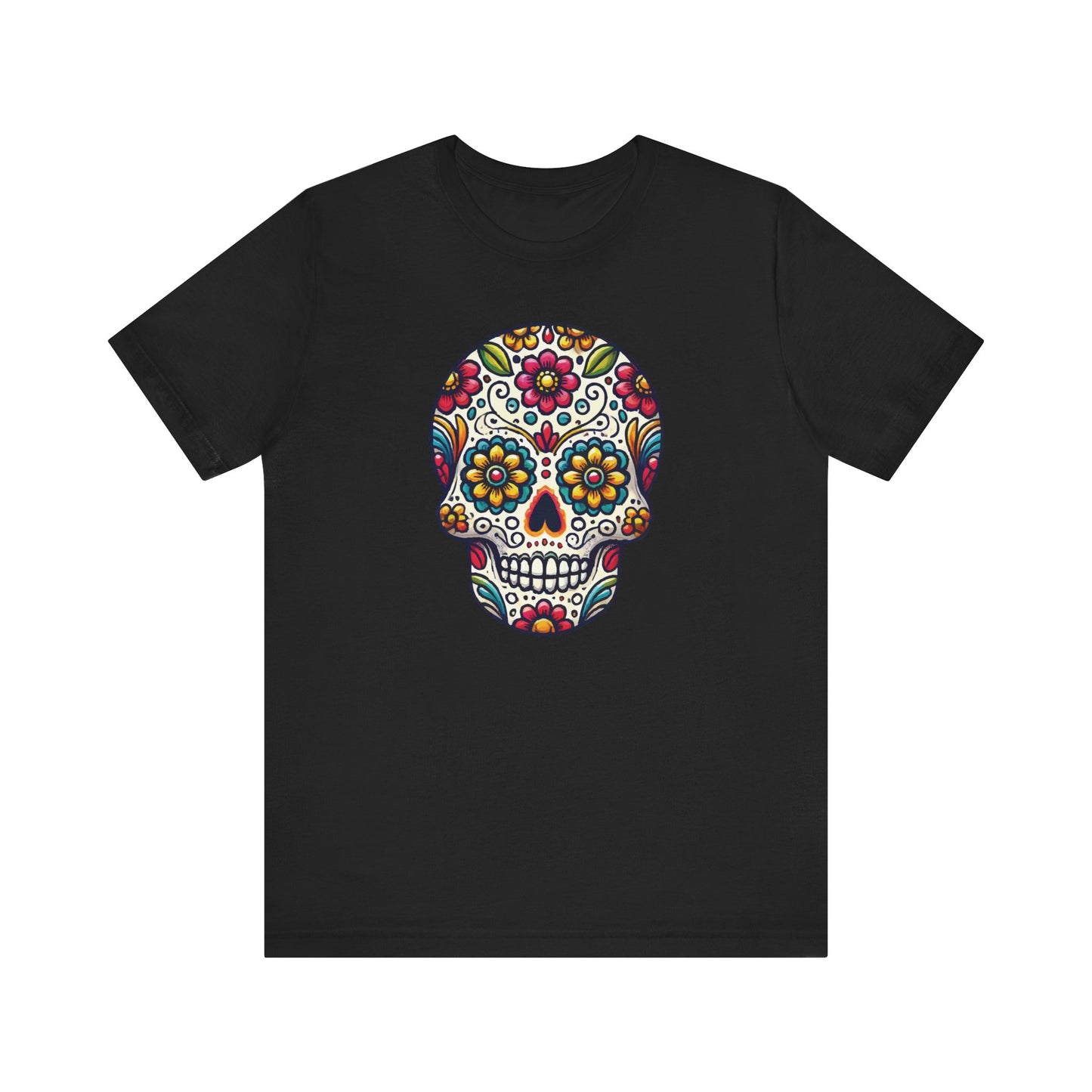 Black t-shirt with a vibrant sugar skull graphic decorated with colorful floral patterns, inspired by Día de los Muertos traditions.