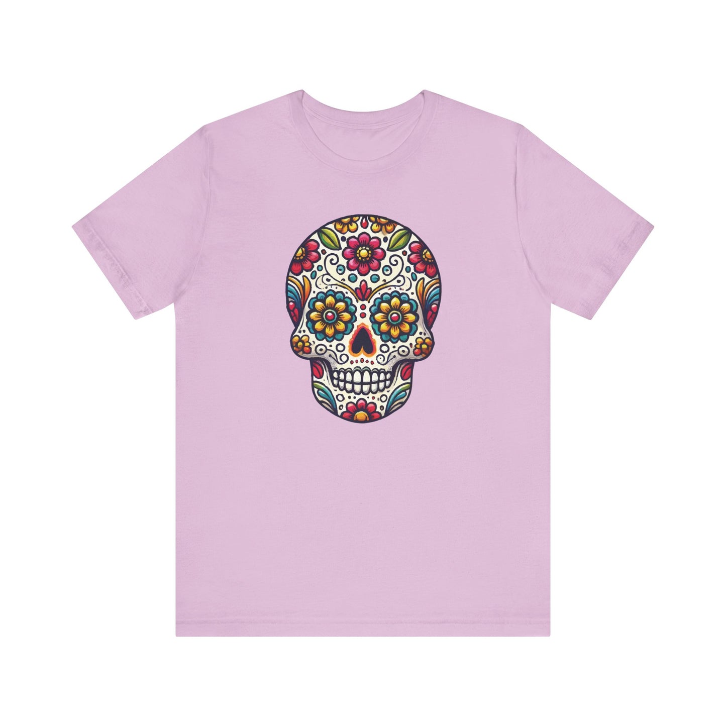Heather bubble gum pink t-shirt displaying a floral-decorated sugar skull in vibrant Mexican-inspired colors.