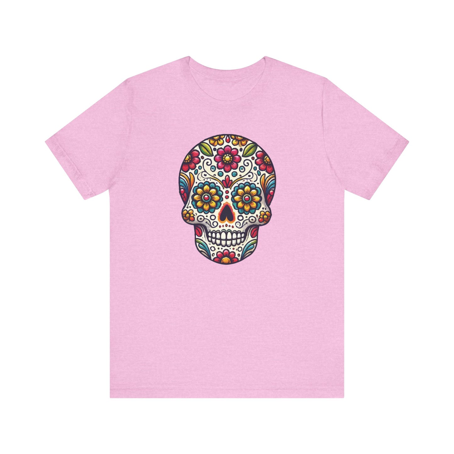 Lilac t-shirt with a detailed and bright sugar skull graphic, highlighted by multicolor flowers and folk art motifs.