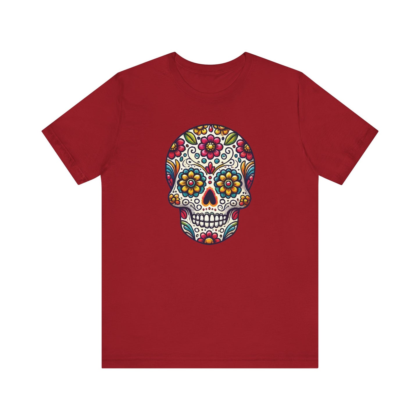 Red t-shirt featuring a striking sugar skull design with vibrant floral patterns in bold, festive colors inspired by Día de los Muertos.