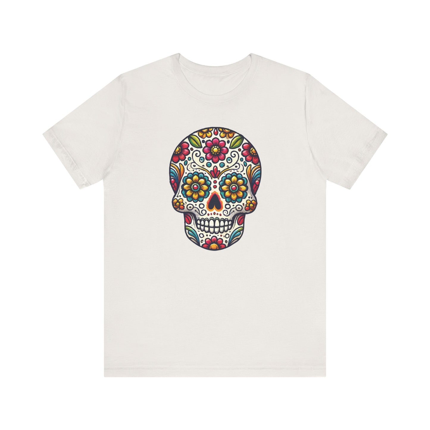 Vintage white t-shirt with a colorful sugar skull centerpiece filled with traditional Mexican floral and swirl details.