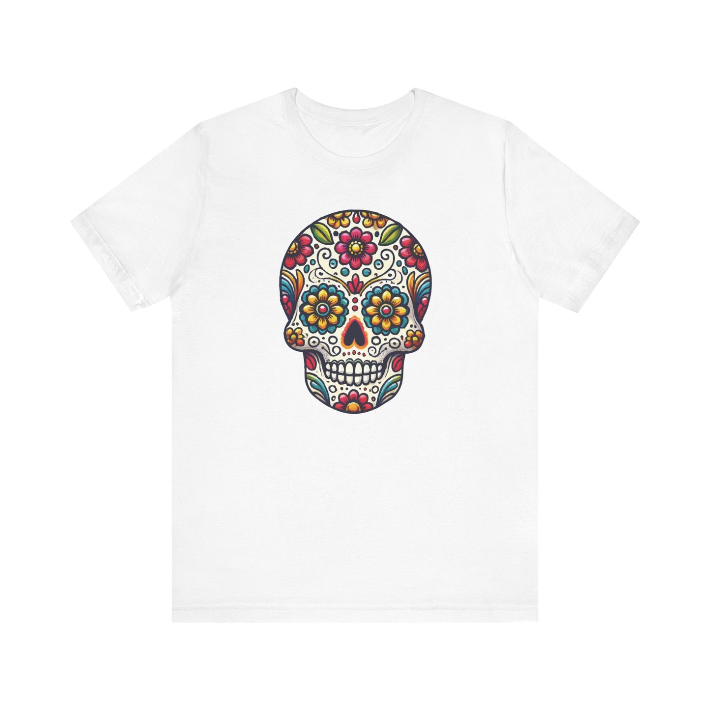 White t-shirt featuring a vibrant sugar skull design decorated with bold floral patterns inspired by Día de los Muertos.