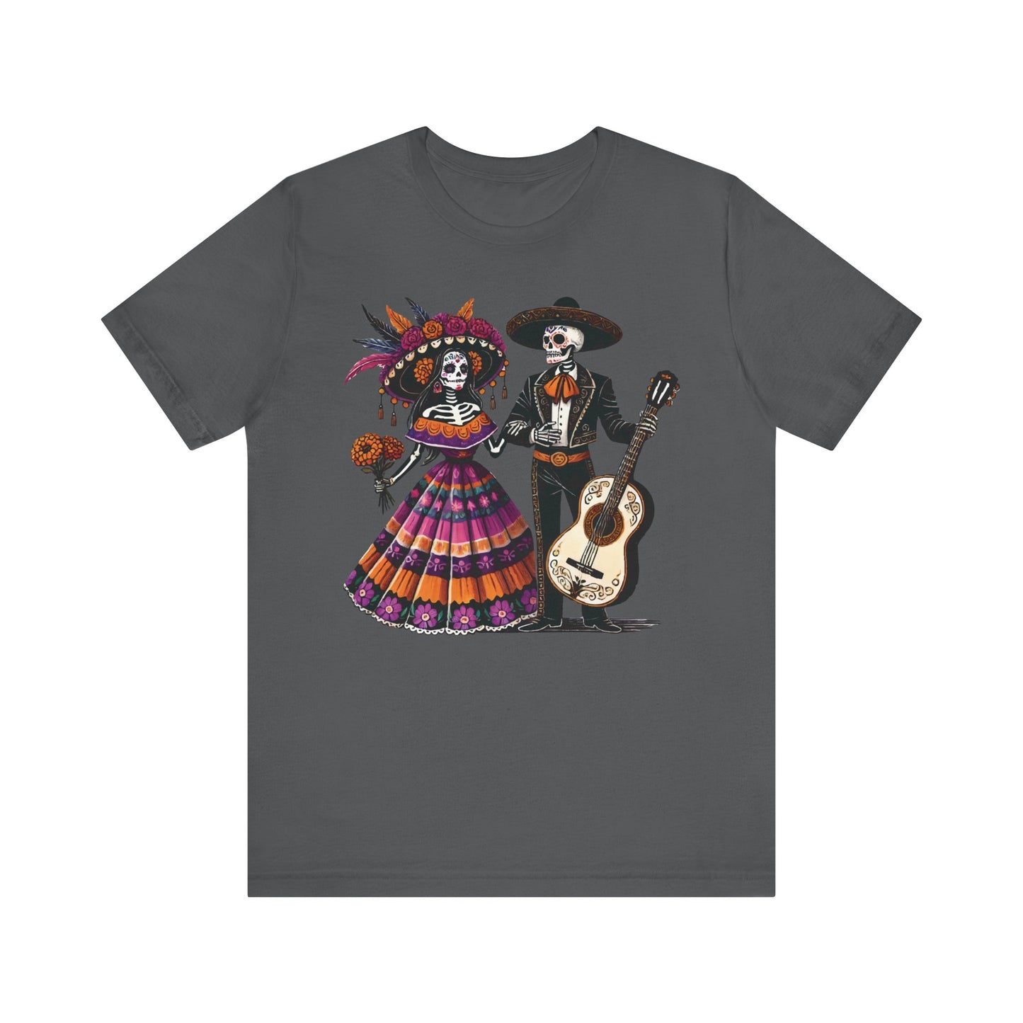 Asphalt t-shirt with a festive Day of the Dead skeleton couple, mariachi musician and colorful folk dress, perfect for Dia de los Muertos lovers.