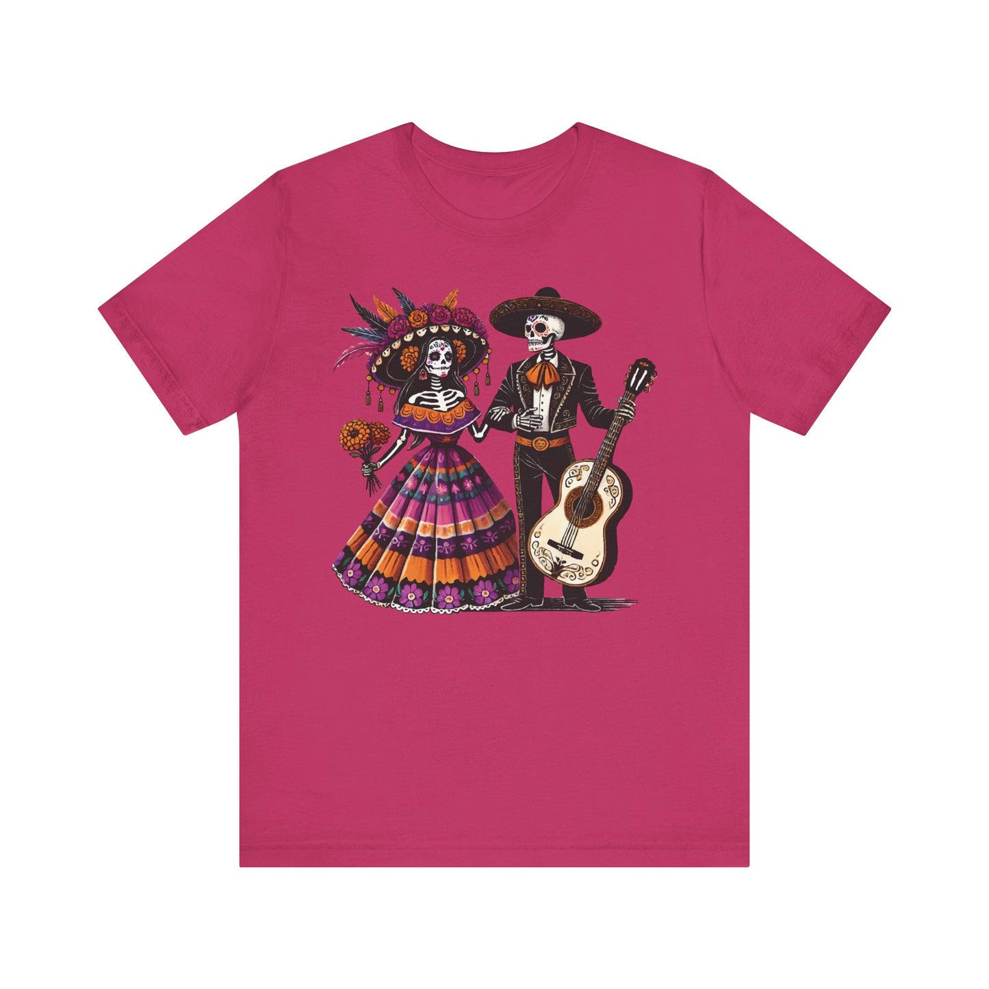 Berry t-shirt with a festive Day of the Dead skeleton couple, dressed in vibrant Mexican folk art style with mariachi guitar and colorful patterns.