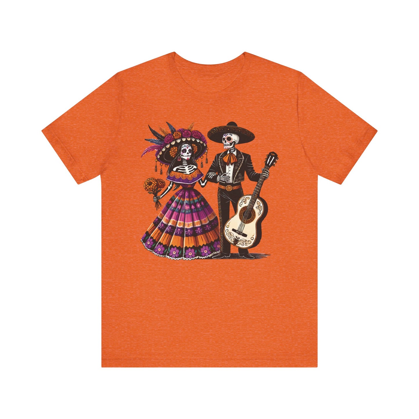 Burnt orange t-shirt featuring a vibrant Day of the Dead skeleton couple, mariachi musician with guitar and female skeleton in colorful Mexican folk dress, perfect for Dia de los Muertos celebrations.