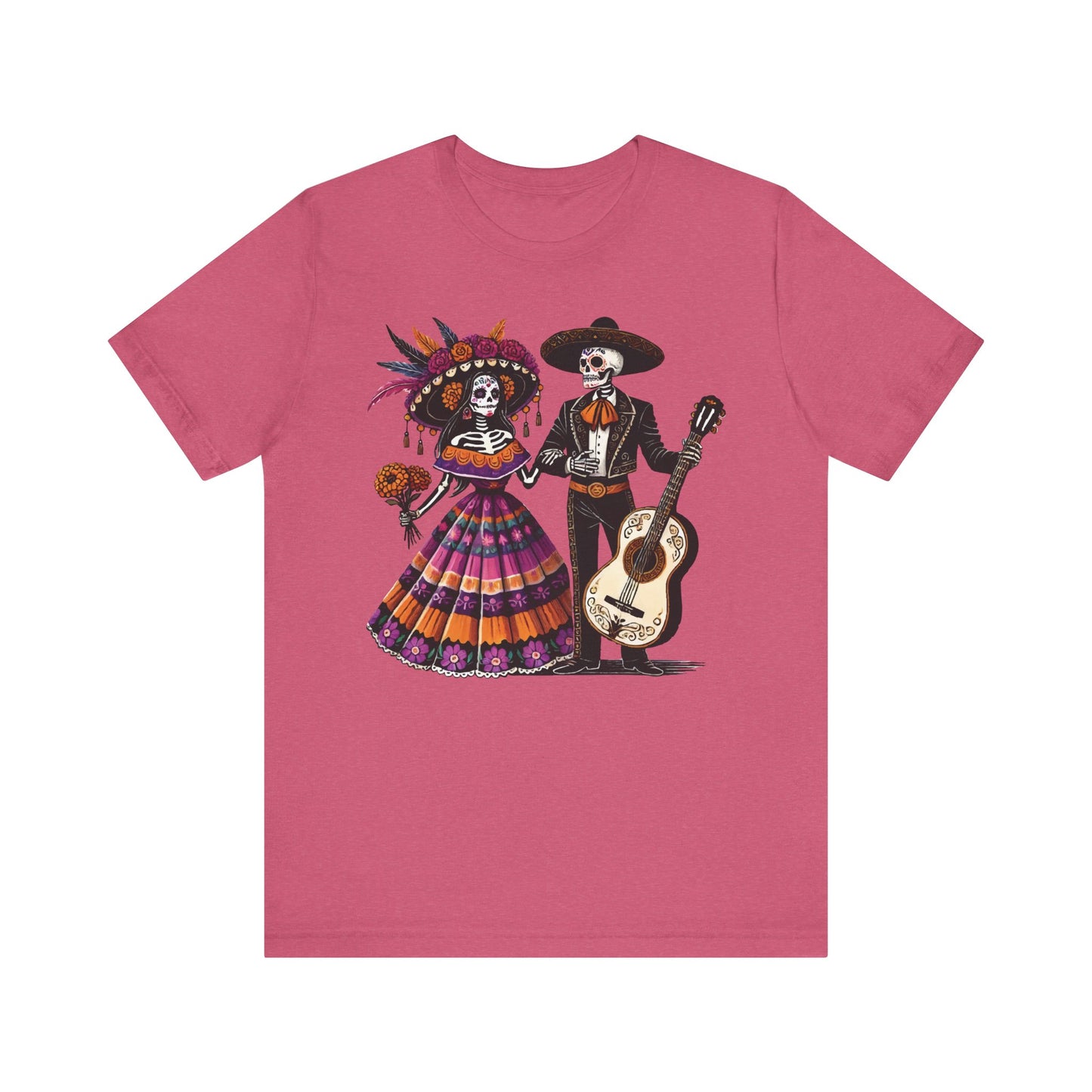 Heather raspberry t-shirt featuring a Dia de los Muertos skeleton couple in traditional Mexican attire with bright dress and mariachi guitar.