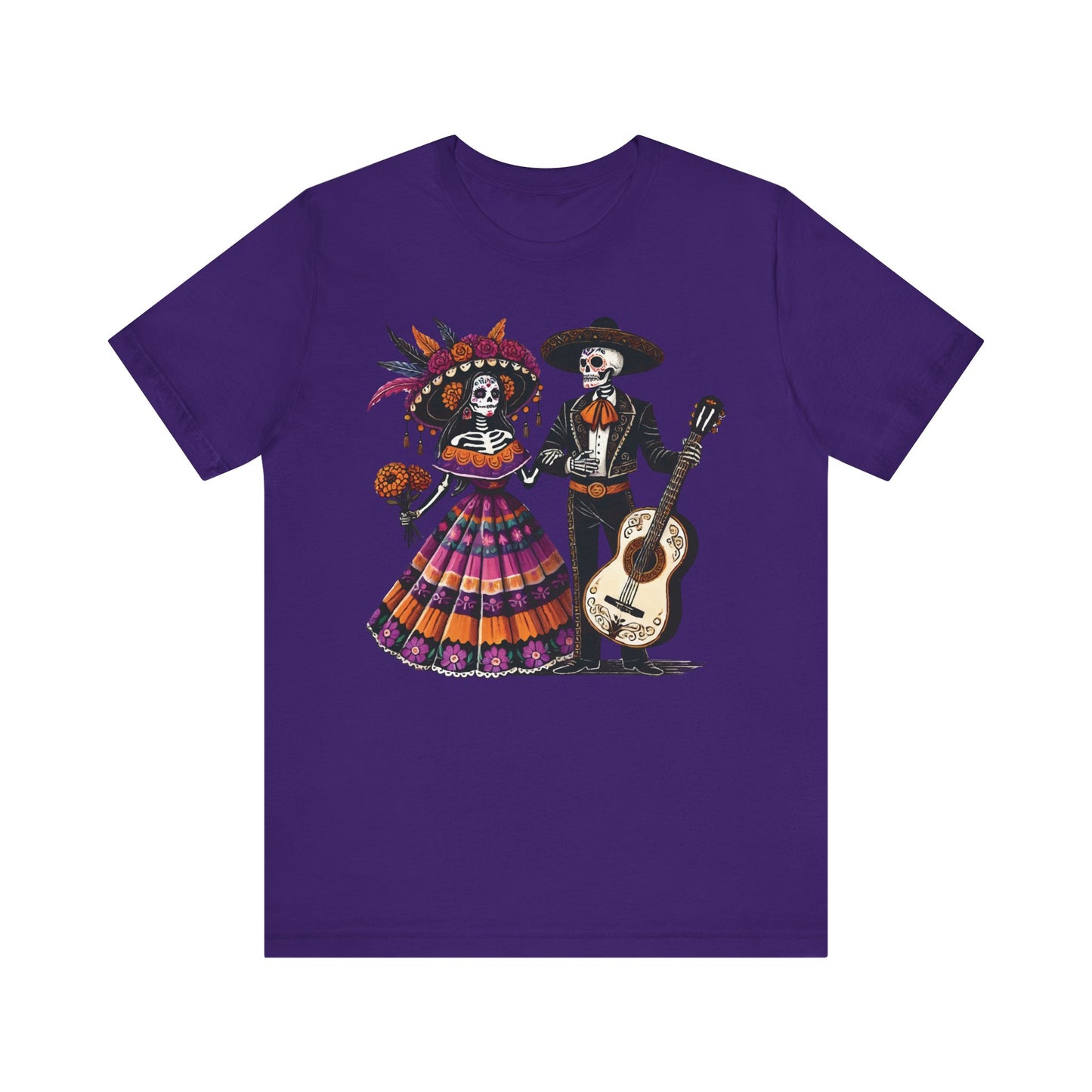 Team purple t-shirt with a Day of the Dead skeleton couple in bright traditional Mexican dress and mariachi suit, festive Dia de los Muertos design.