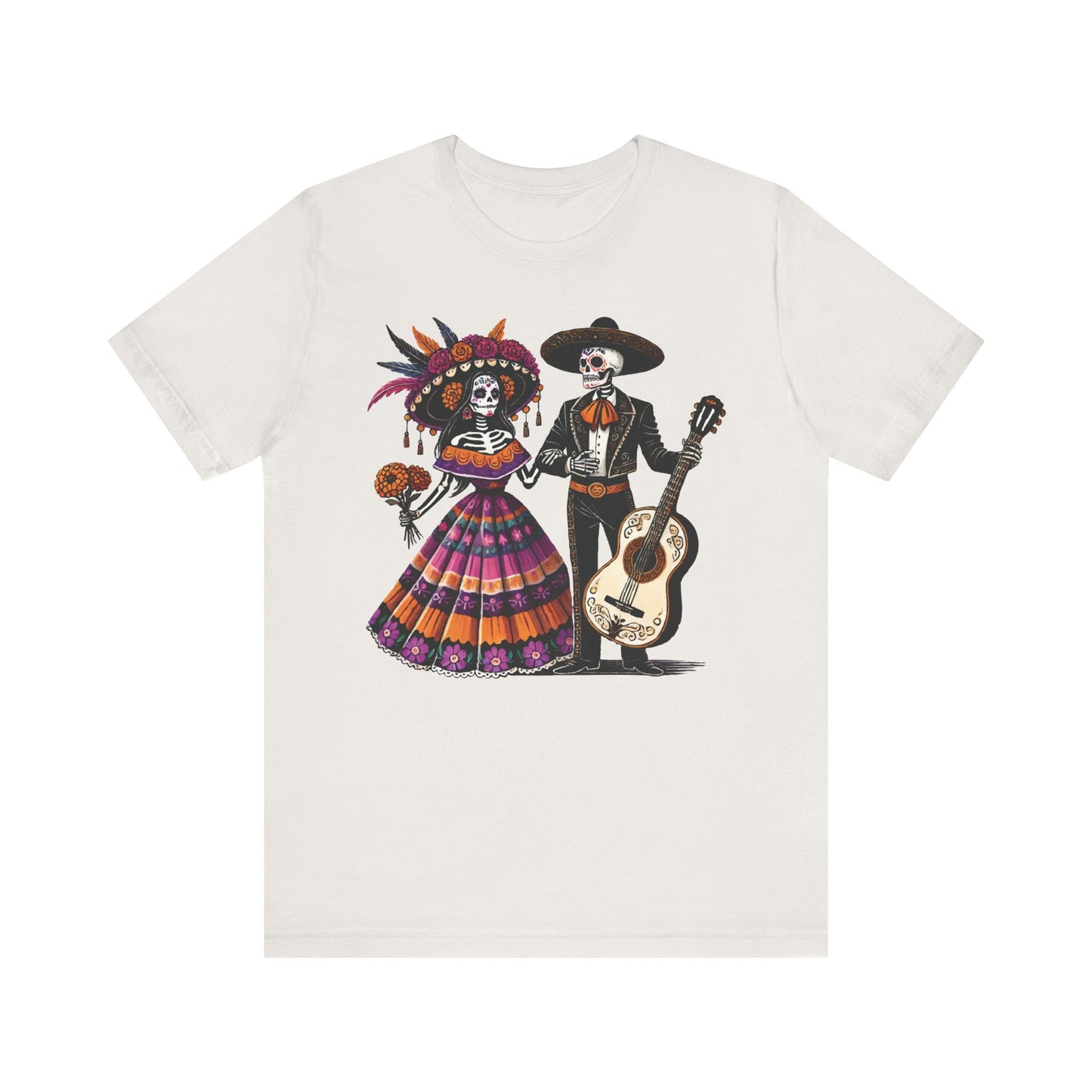 Vintage white t-shirt with a vibrant Day of the Dead skeleton couple, traditional folk-art style with bright dress and mariachi musician.