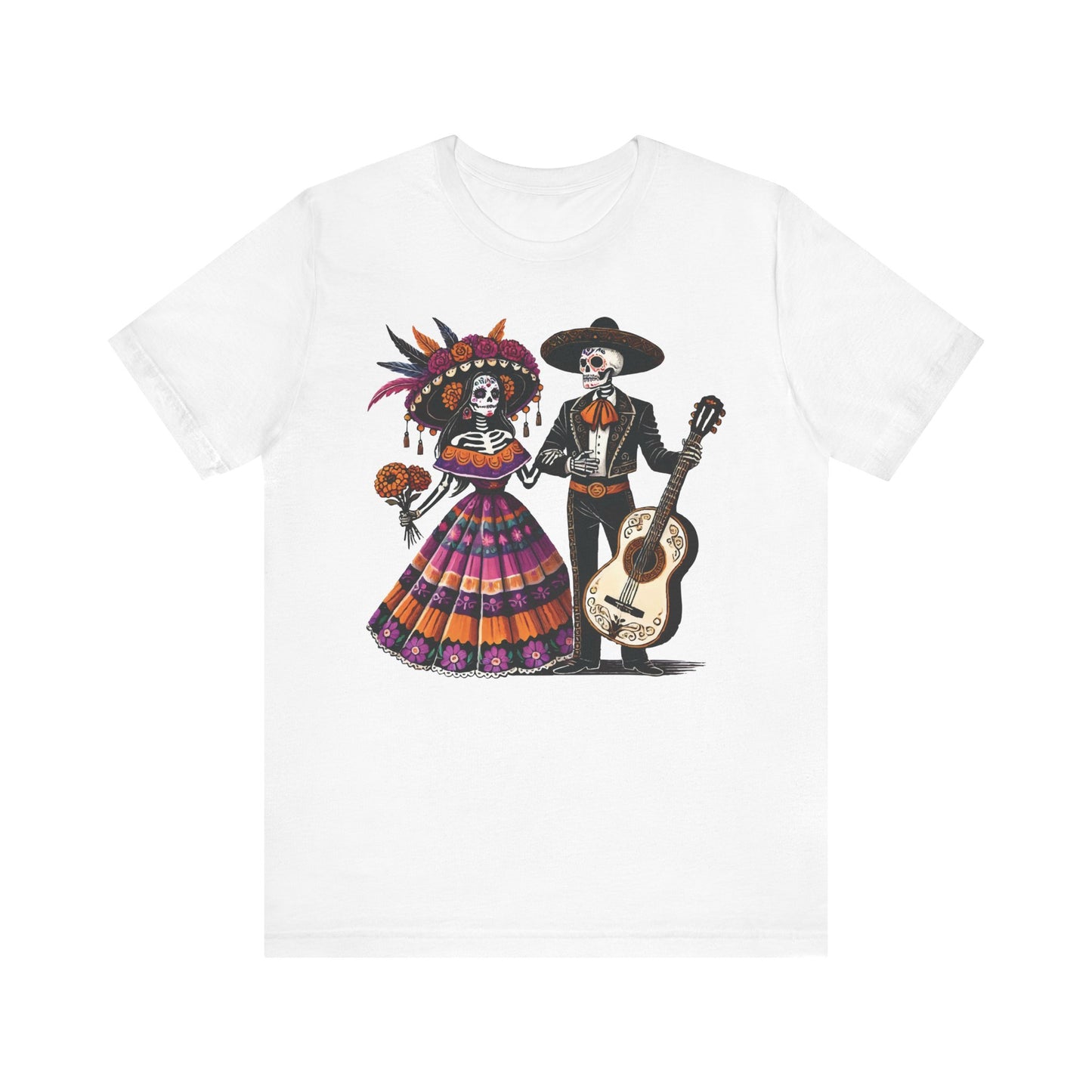 White t-shirt with a colorful Day of the Dead skeleton couple, featuring a female skeleton in a vibrant Mexican dress and a male skeleton in mariachi suit with guitar.