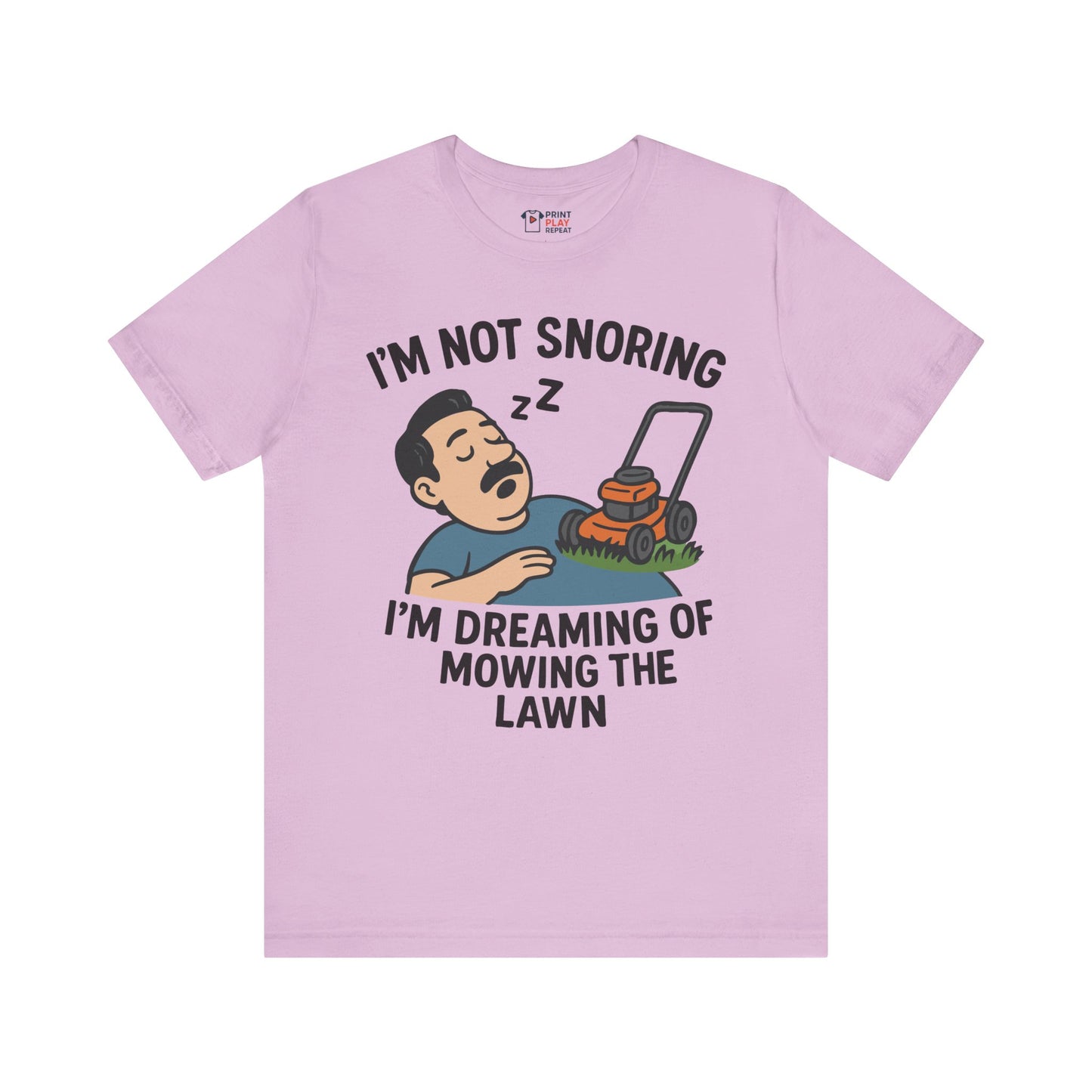 Light lilac t-shirt featuring a comical cartoon and lawn mowing dream quote, perfect for yard work humor fans.
