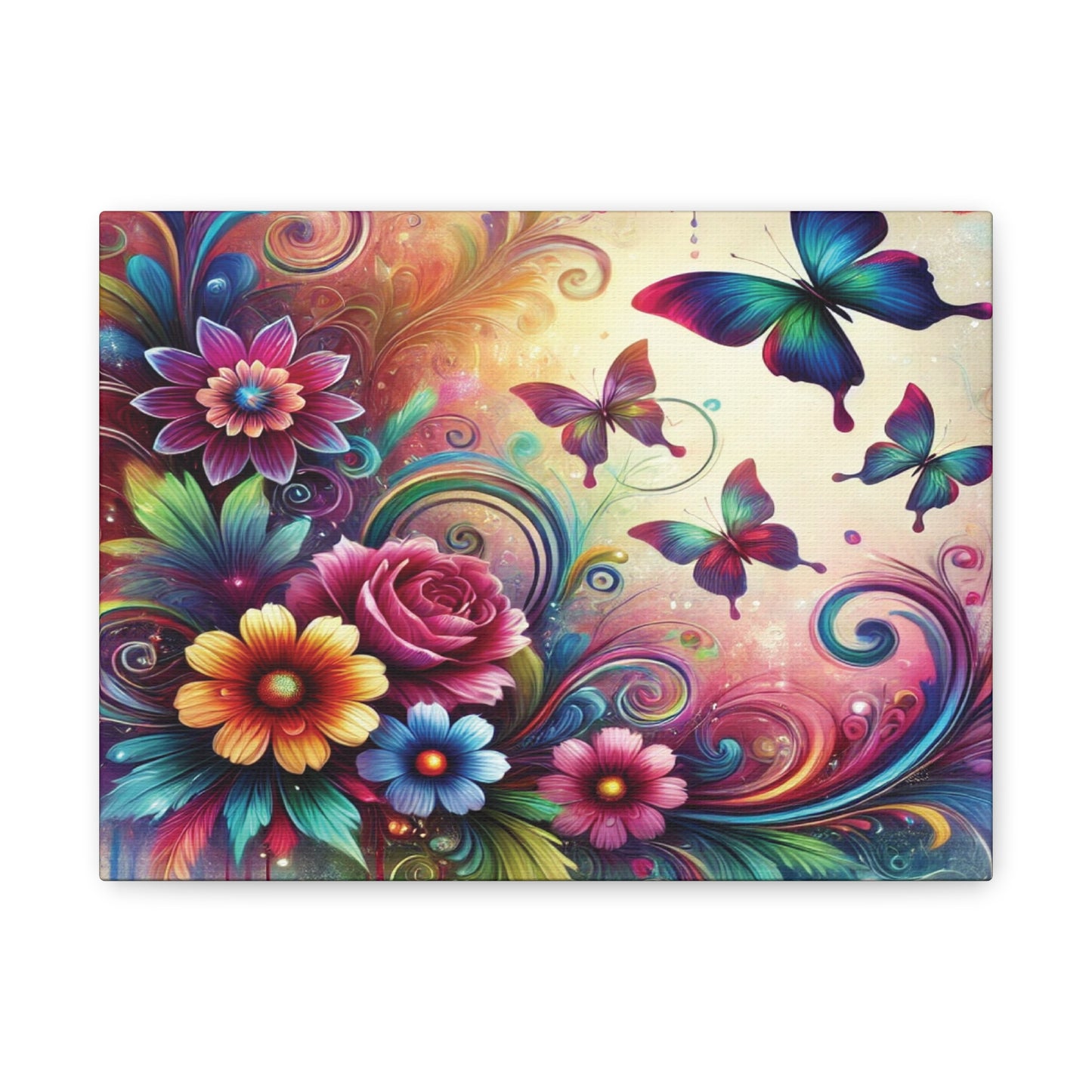 Colorful canvas art featuring swirling rainbow florals, blooming roses and daisies, and vibrant butterflies set against a glowing pastel background.