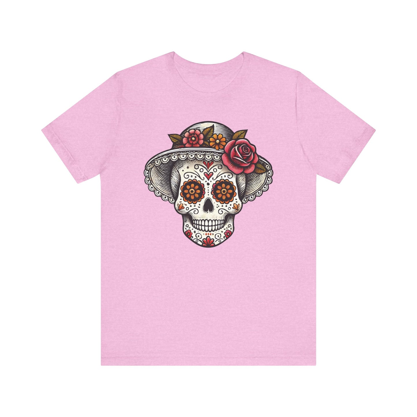 Heather bubble gum pink t-shirt with a beautiful La Catrina sugar skull wearing a lace-trimmed hat with roses and detailed floral accents.