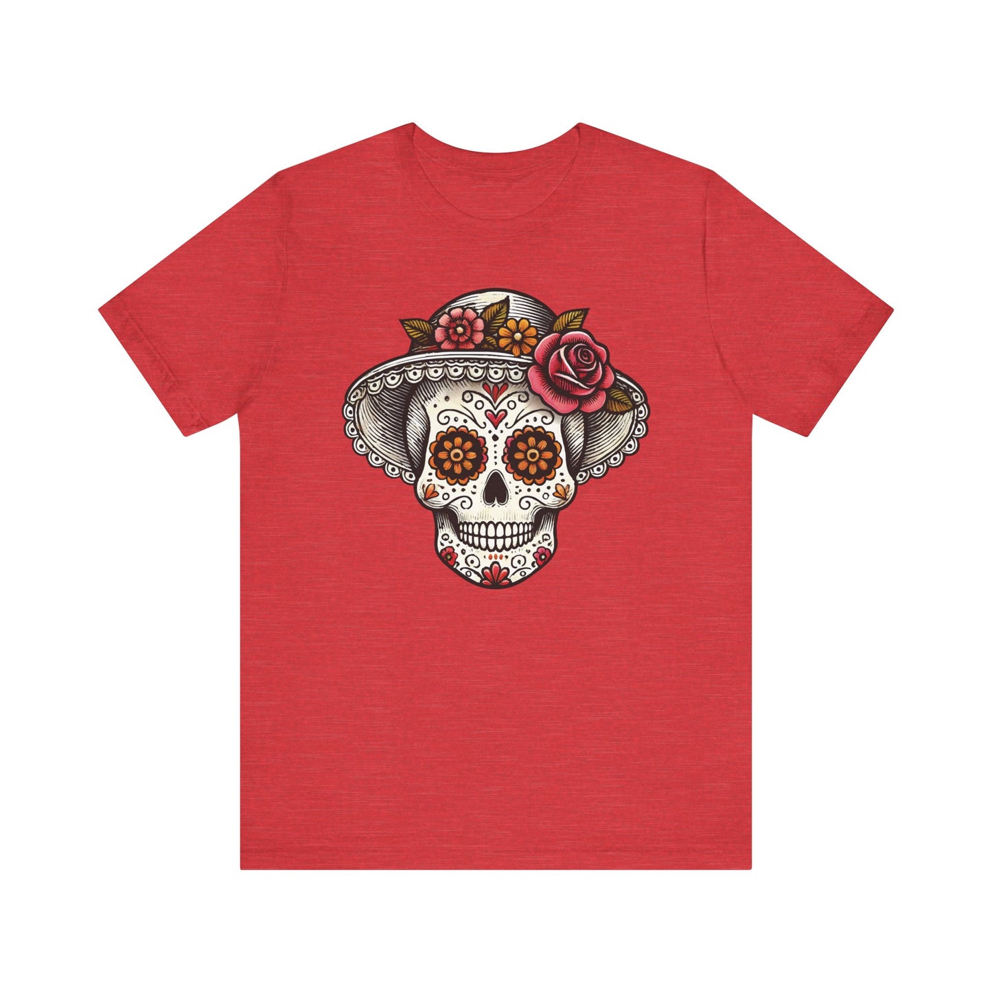 Heather red t-shirt featuring a detailed and elegant lady sugar skull with a rose-decorated hat, inspired by La Catrina and Mexican folk art.