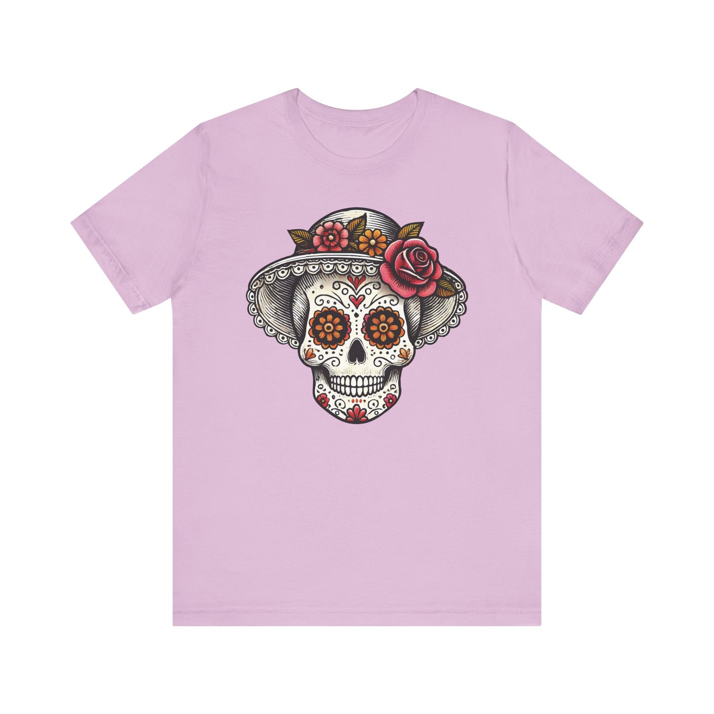 Lilac t-shirt featuring an elegant sugar skull with a wide-brim floral hat, intricate linework, and a festive Día de los Muertos vibe.