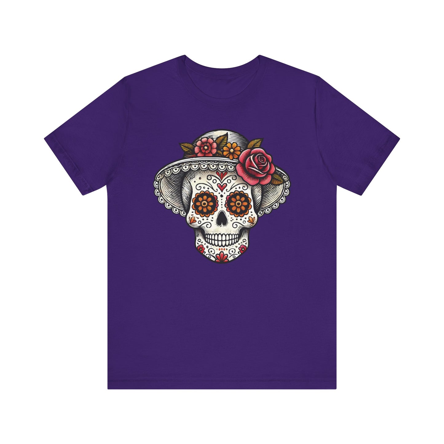 Team purple t-shirt with an ornate lady sugar skull wearing a floral hat, honoring La Catrina and Día de los Muertos culture.