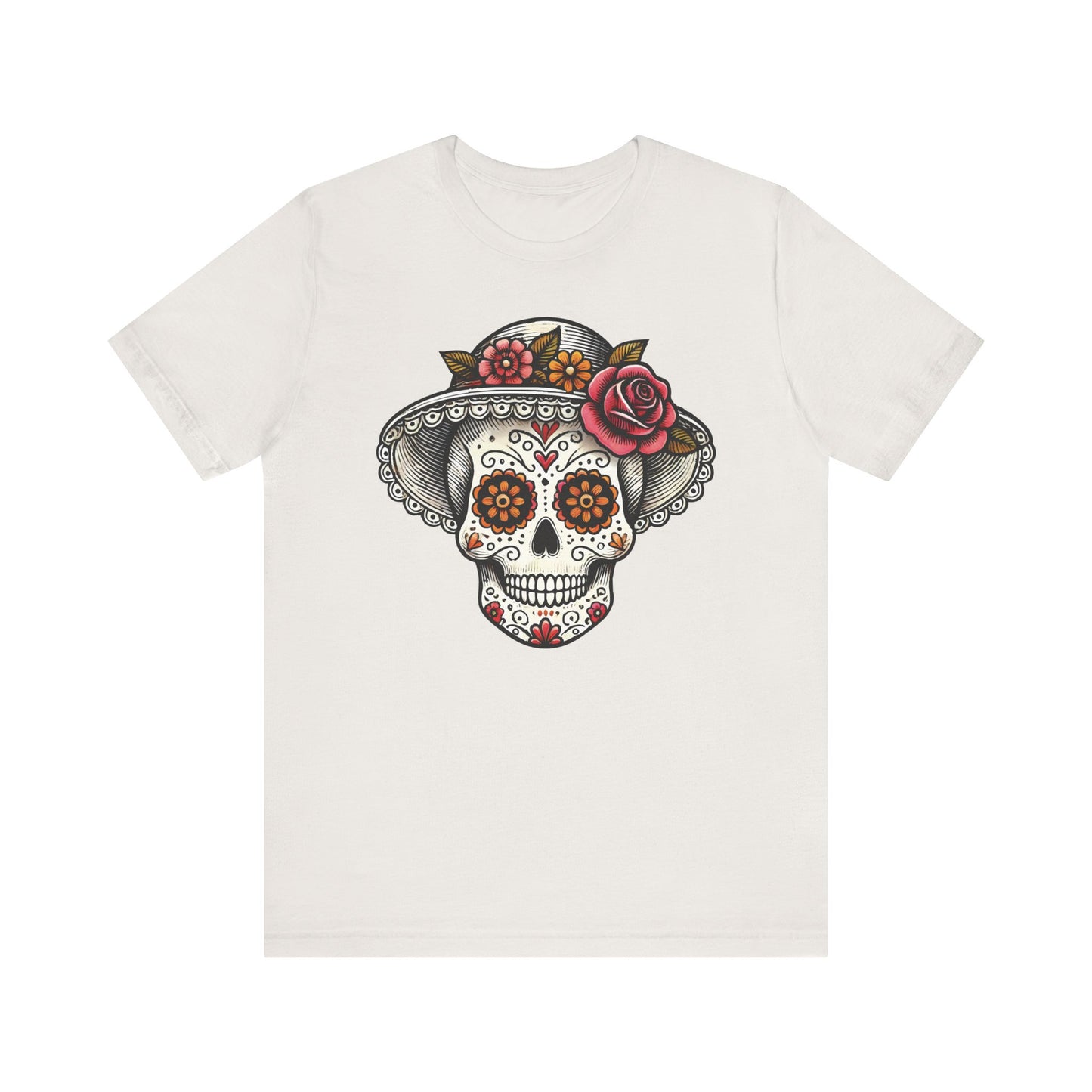 Vintage white t-shirt featuring a graceful sugar skull in a floral hat with detailed Día de los Muertos folk art design.