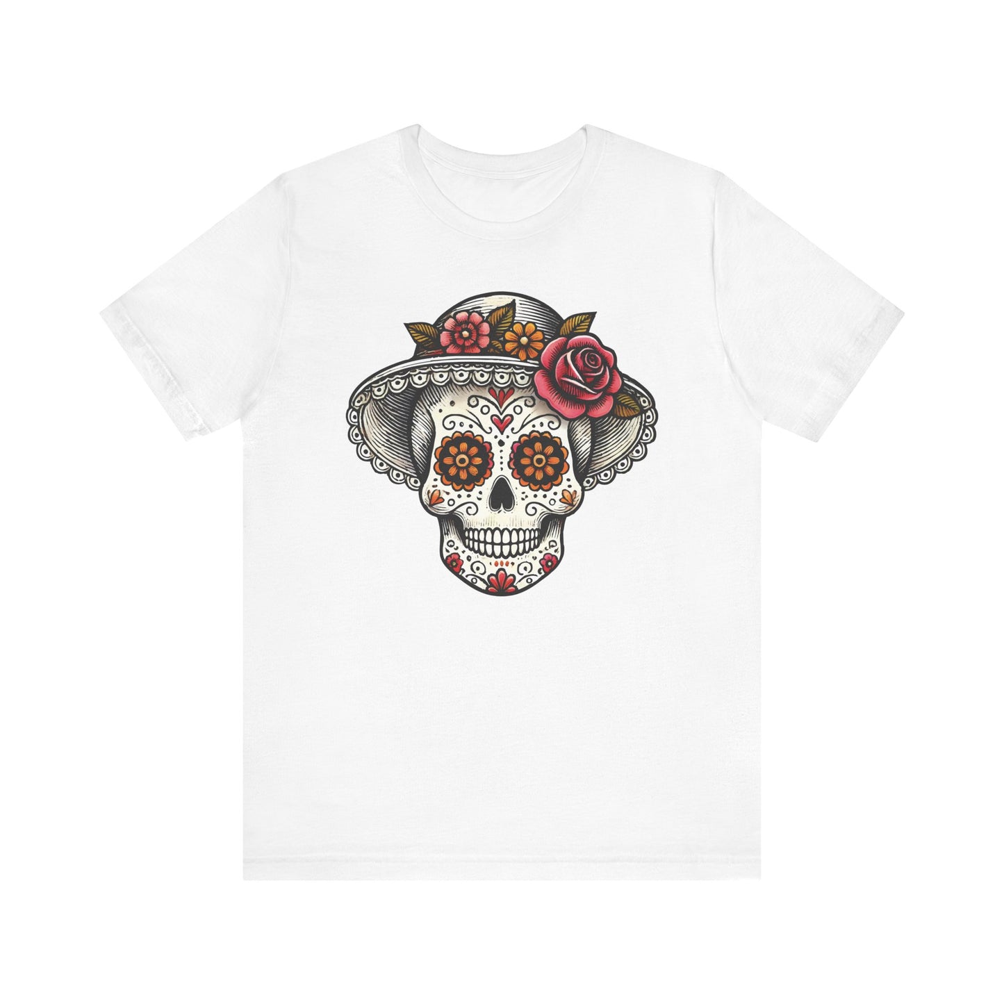 White t-shirt featuring an elegant sugar skull with floral eyes, detailed linework, and a decorative hat with roses, inspired by La Catrina and Día de los Muertos traditions.