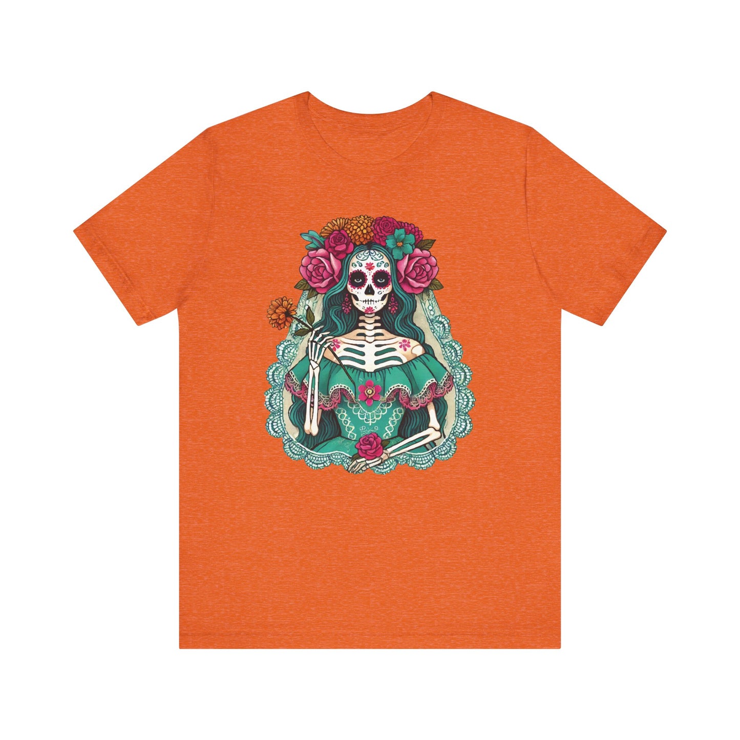Burnt orange t-shirt with an artistic portrait of an elegant skeleton lady (La Catrina) wearing a teal dress, floral crown, and framed in lace.