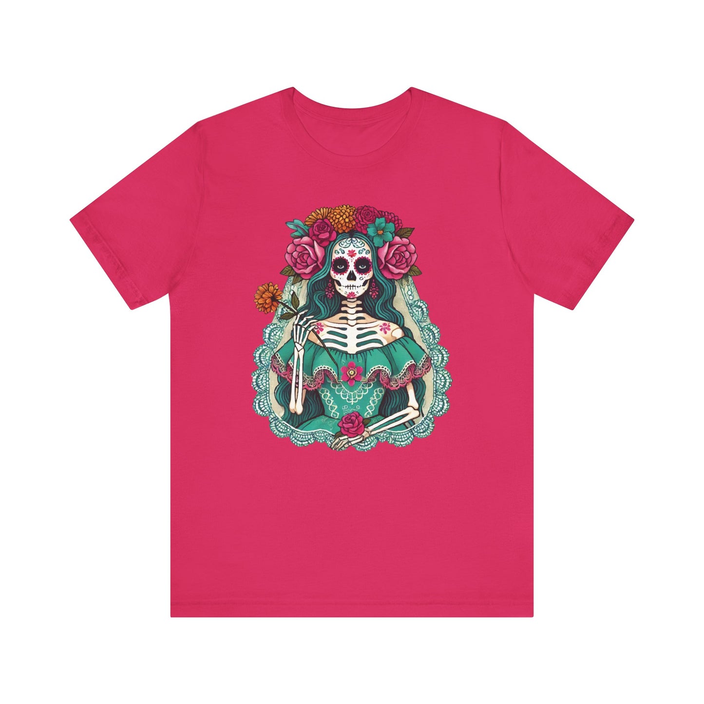 Fuchsia t-shirt featuring an elegant La Catrina skeleton lady in a teal dress with floral crown and lace details, surrounded by roses and marigolds in a vibrant folk art style.