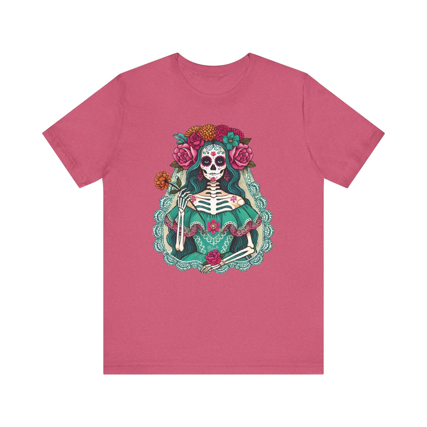 Heather rapsberry t-shirt with a graceful La Catrina skeleton lady in a teal dress, adorned with flowers and framed in an intricate lace border.