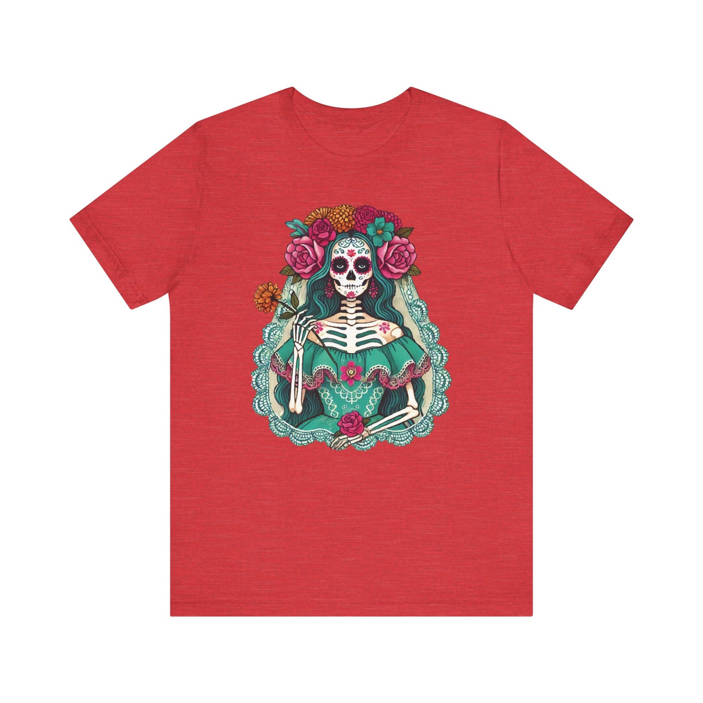 Heather red t-shirt featuring a sophisticated La Catrina skeleton lady in a detailed Mexican folk art portrait with vibrant floral accents and teal dress.