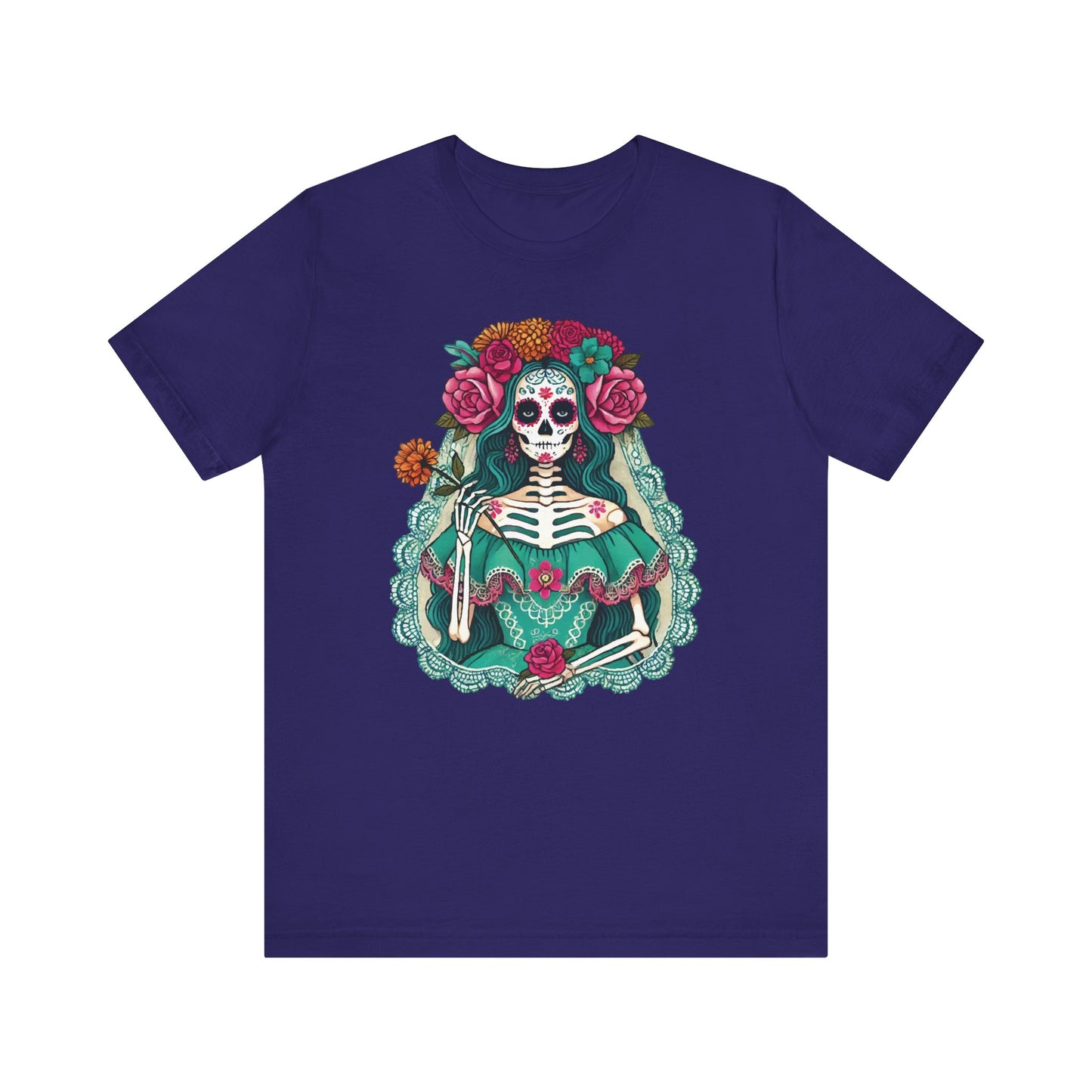 Team purple t-shirt showcasing a detailed skeleton lady with floral sugar skull makeup, teal lace dress, and colorful flowers — honoring La Catrina tradition.