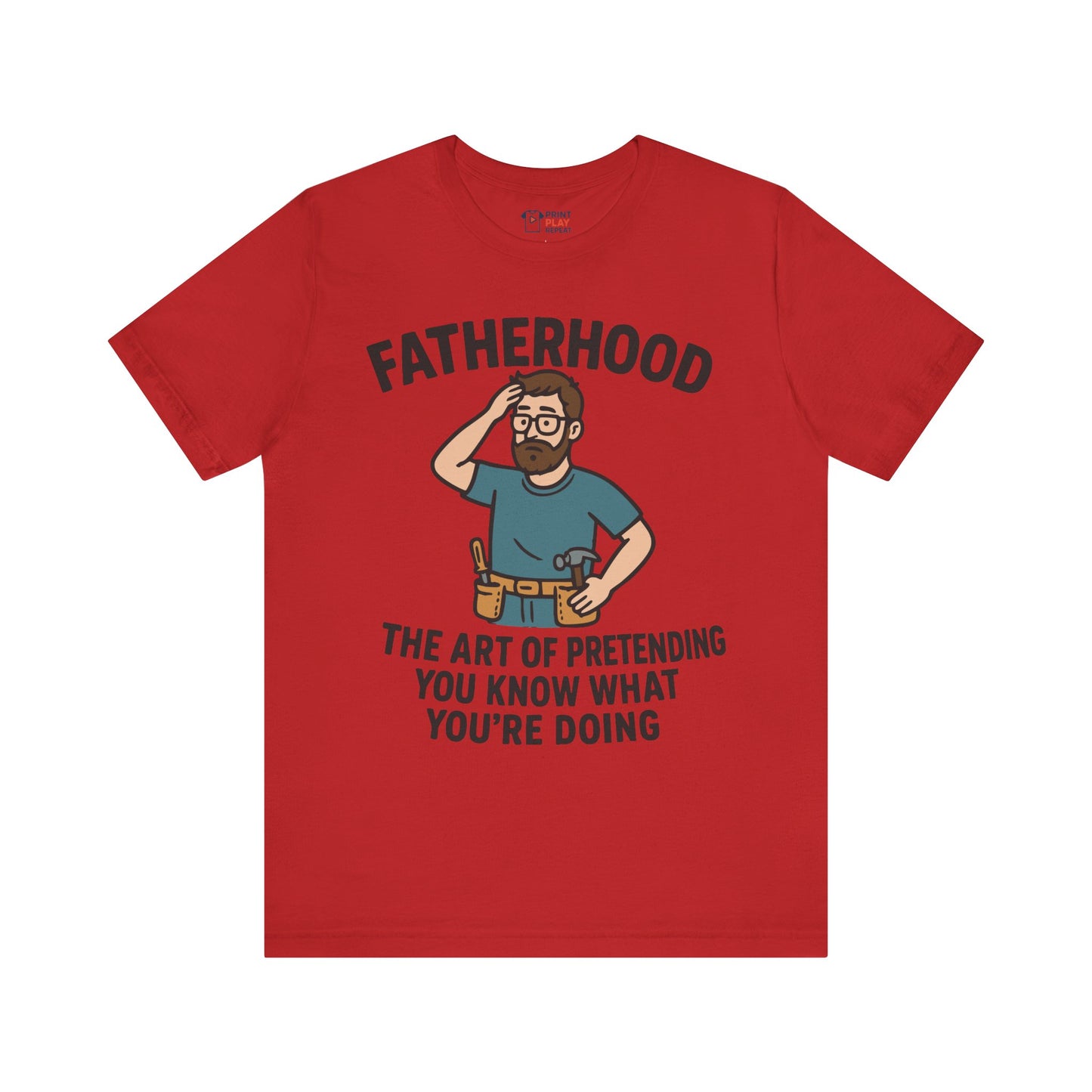 Red t-shirt with funny fatherhood quote and a confused cartoon dad illustration, perfect gift for any dad.