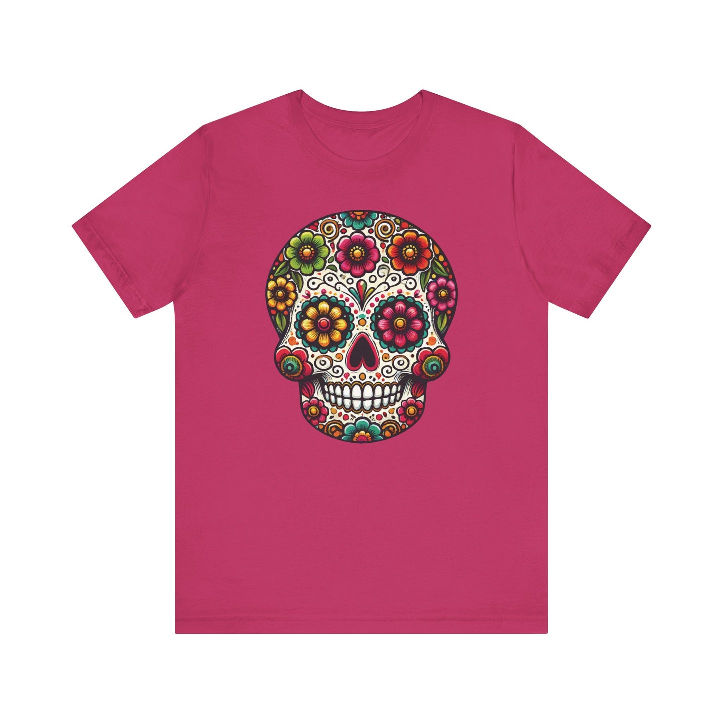 Berry t-shirt showcasing a vibrant floral sugar skull graphic in traditional Mexican folk colors—perfect for bold cultural fashion.