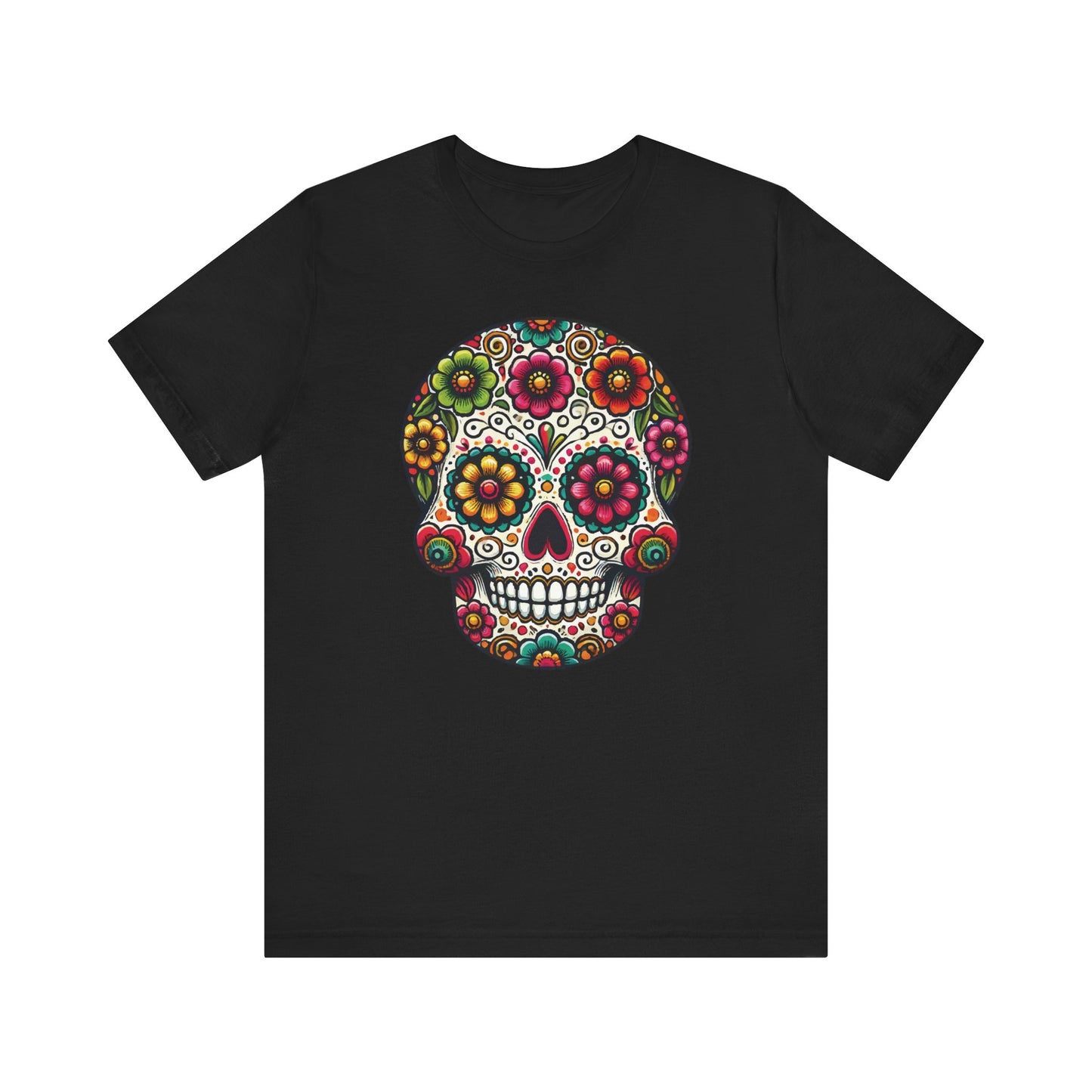 Black t-shirt with a highly detailed floral sugar skull featuring bold multicolor flowers, swirls, and hearts in traditional Day of the Dead style.