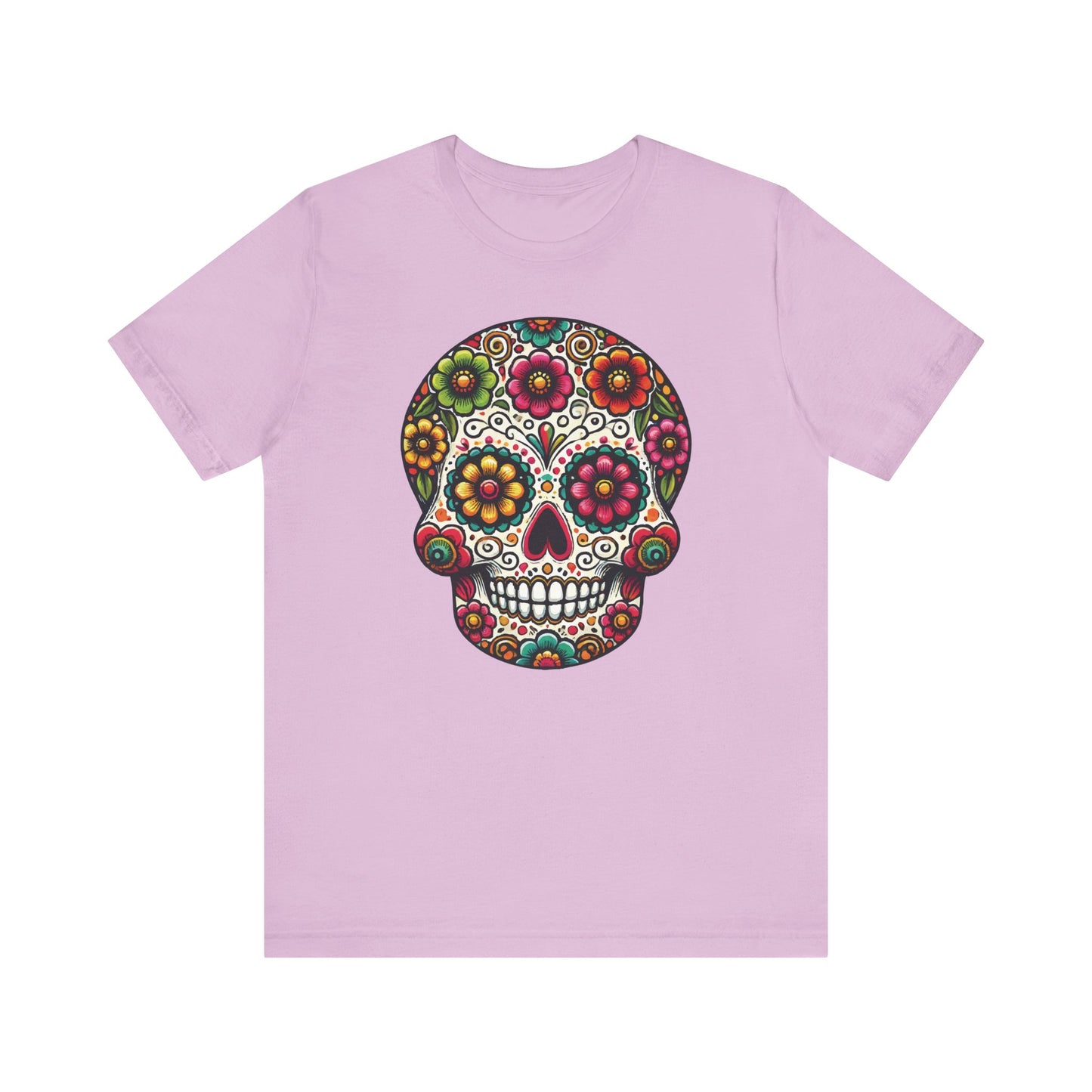 Lilac t-shirt with a colorful, ornate sugar skull featuring flower eyes and detailed Day of the Dead styling.