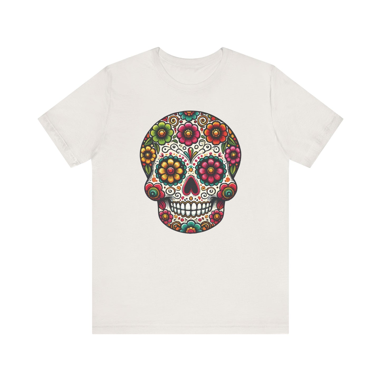 Vintage white t-shirt featuring a bold and colorful Día de los Muertos floral skull with traditional symmetrical detailing.