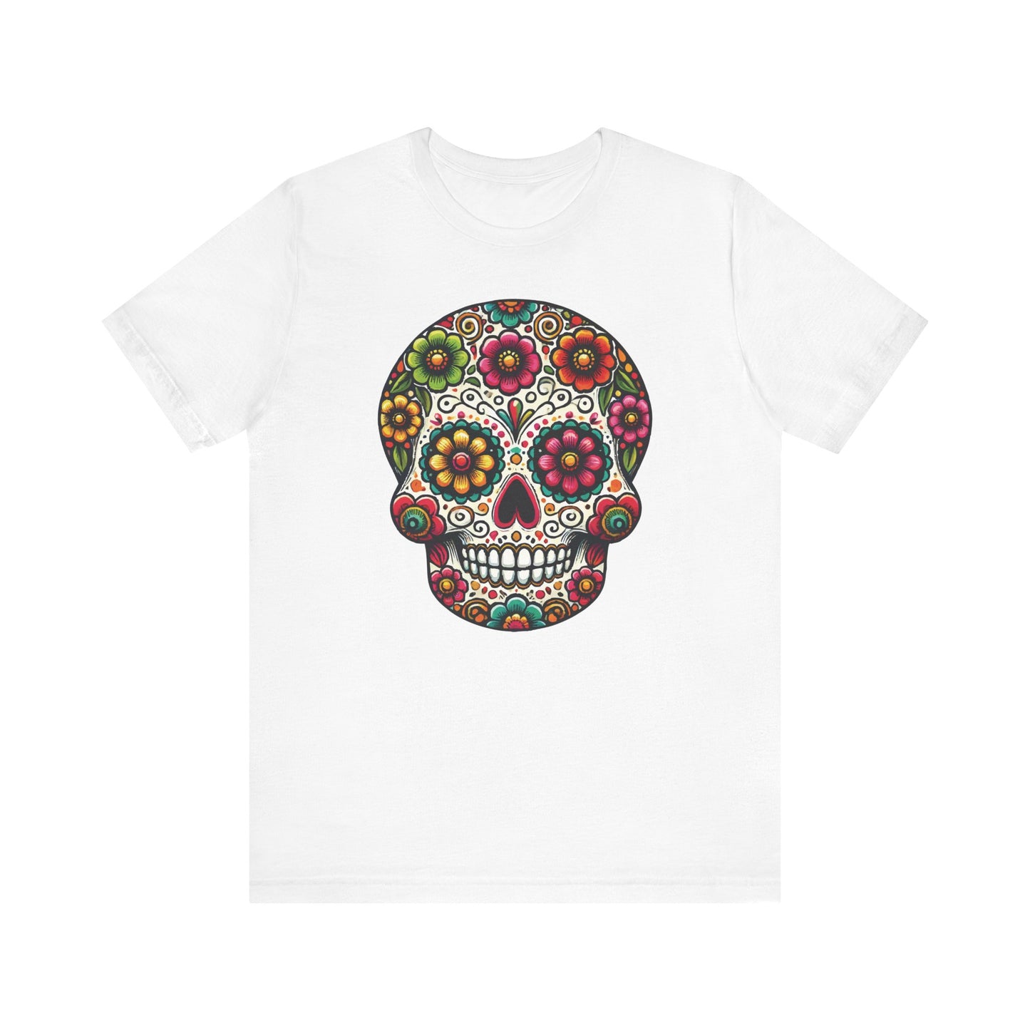 White t-shirt with a detailed floral sugar skull design in vibrant Mexican folk colors—flowers, hearts, and swirls.