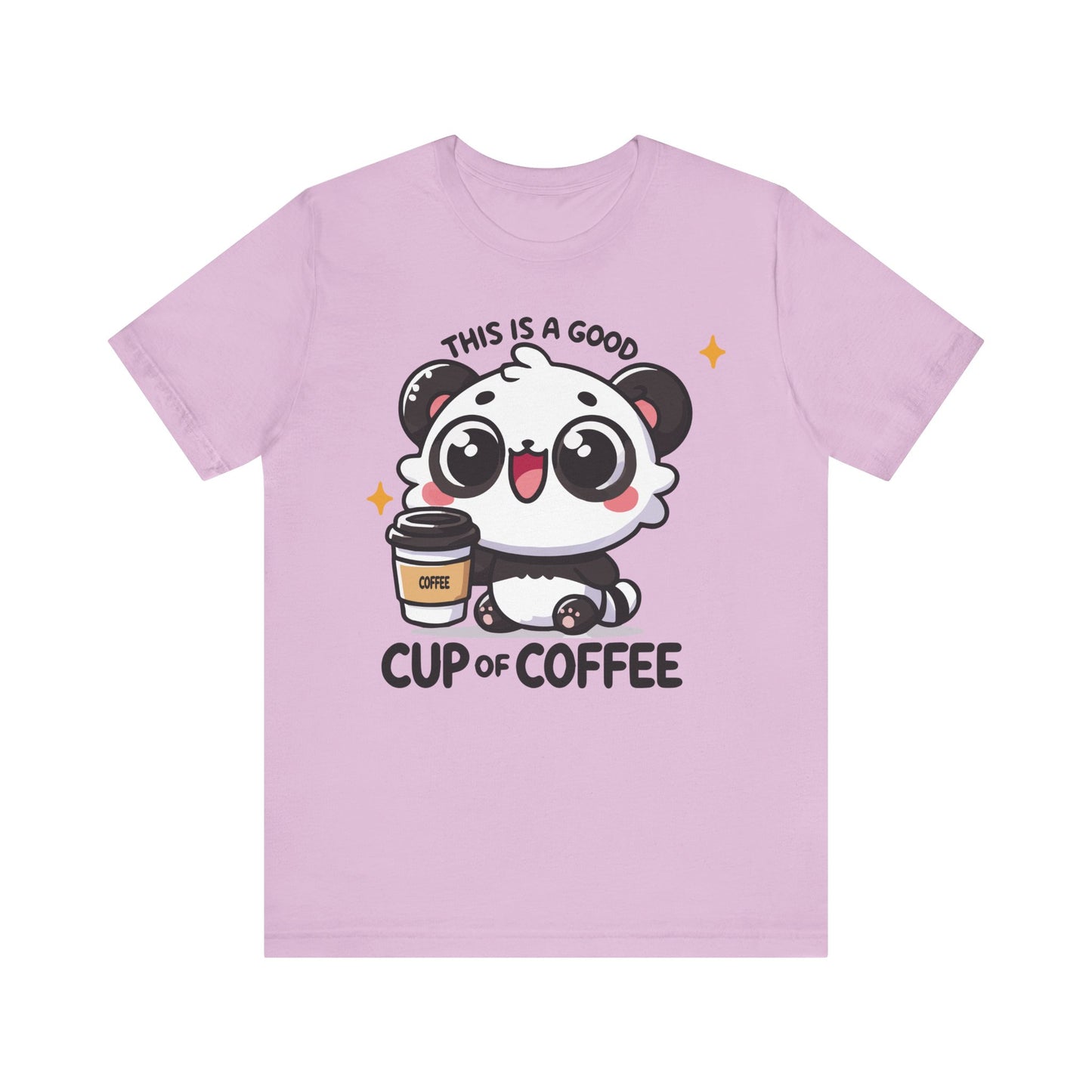 Lilac t-shirt with a happy cartoon panda and the text “This Is a Good Cup of Coffee” in a cute bold font.