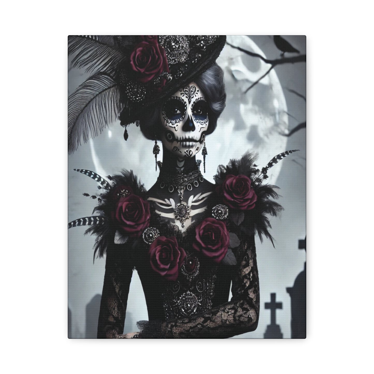 Canvas print of a gothic woman with a sugar skull face, wearing a black lace dress adorned with deep red roses, feathers, and ornate jewelry, set against a full moon and graveyard background.