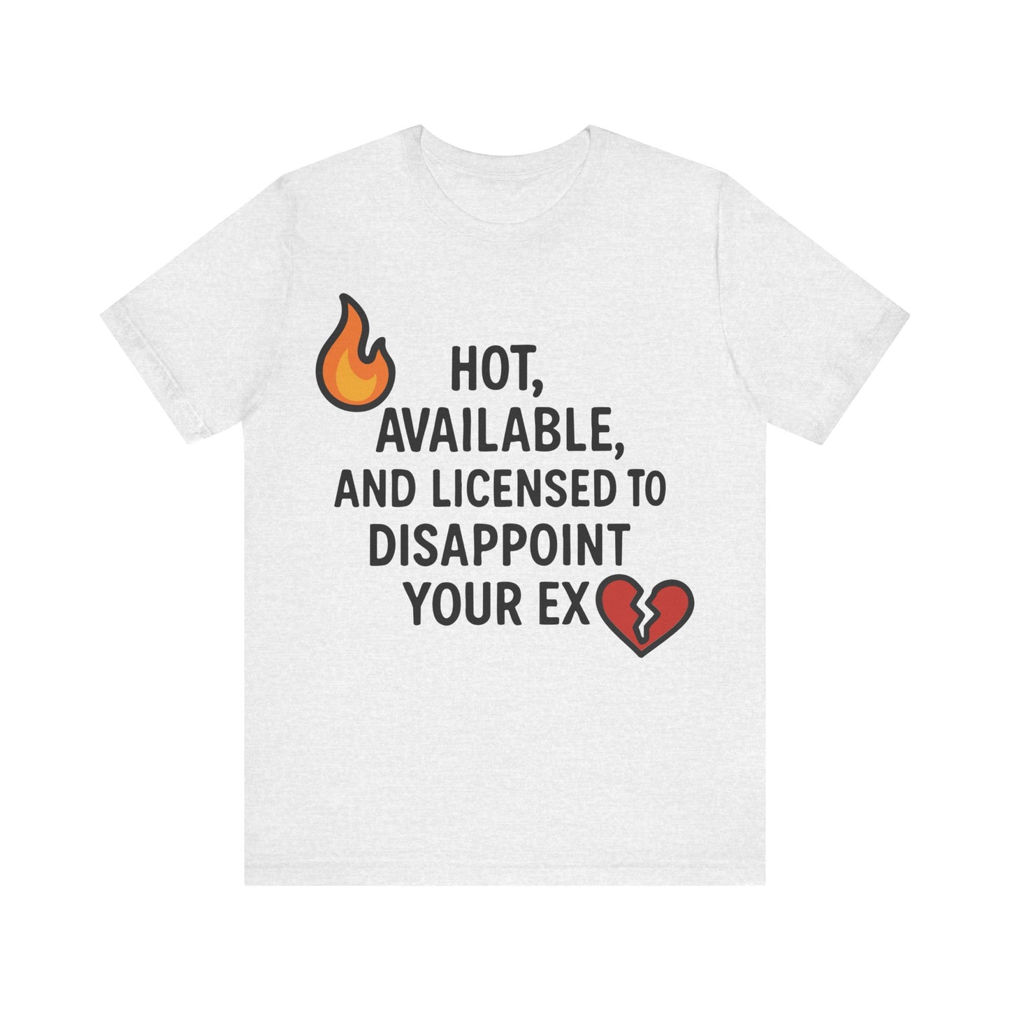 Ash grey t-shirt with playful breakup quote and fun emoji graphics – perfect for the newly single.