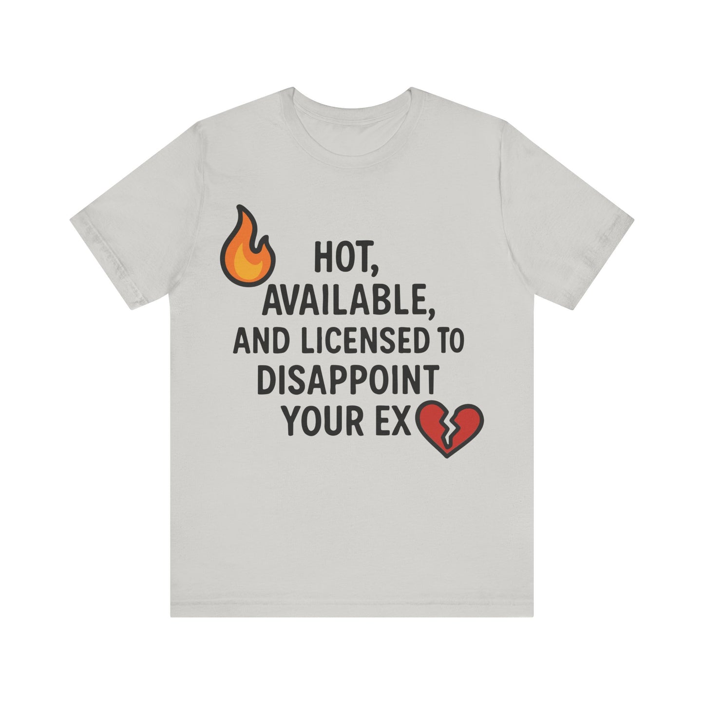 Silver t-shirt featuring edgy post-breakup slogan and playful flame and heart graphics.
