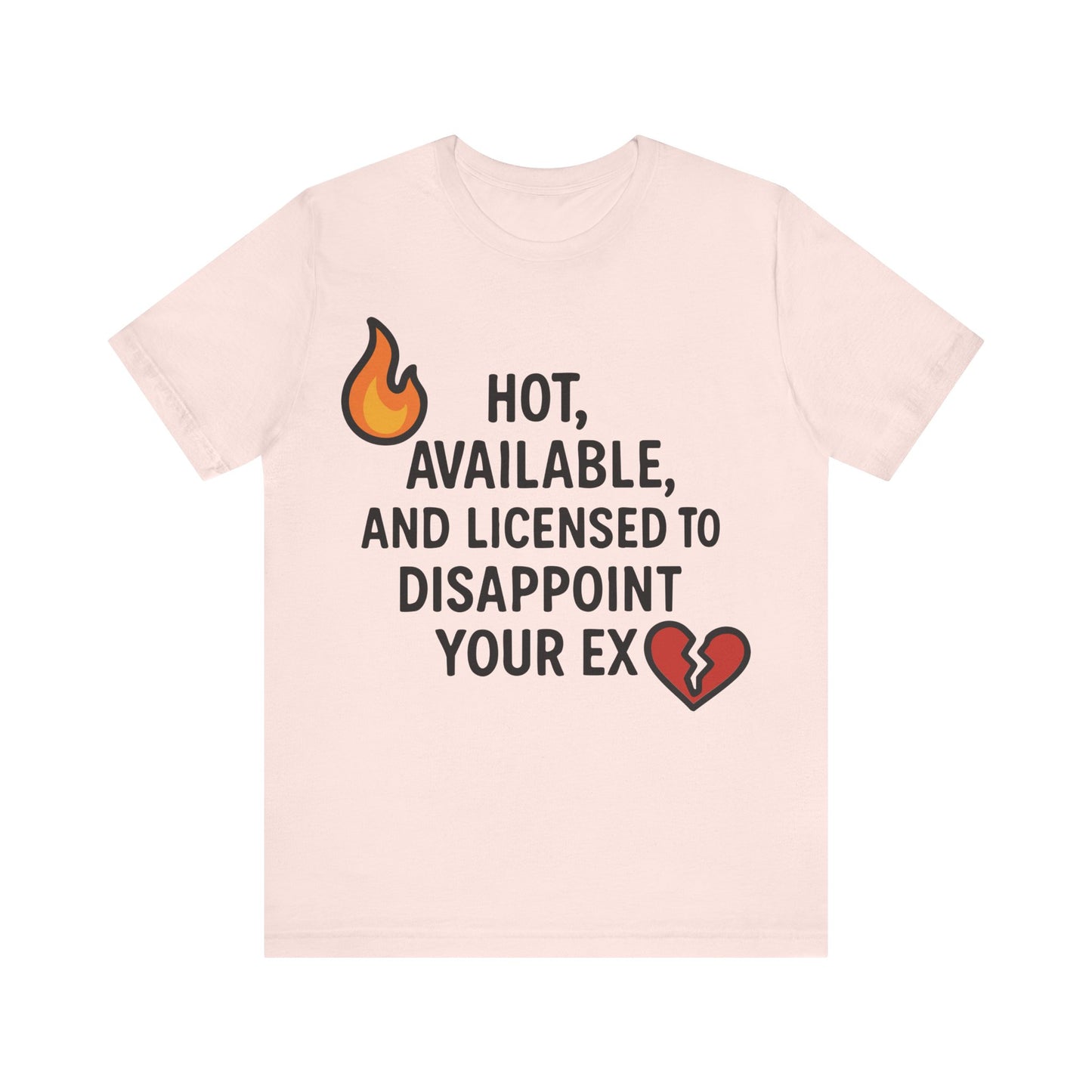 Soft pink t-shirt with a cheeky quote and emojis, perfect for showing off confidence after a breakup.