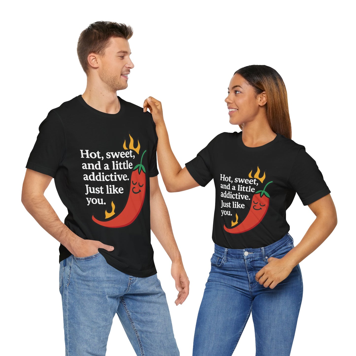 Couple Black "Hot, sweet, and a little addictive" chili pepper T-shirt