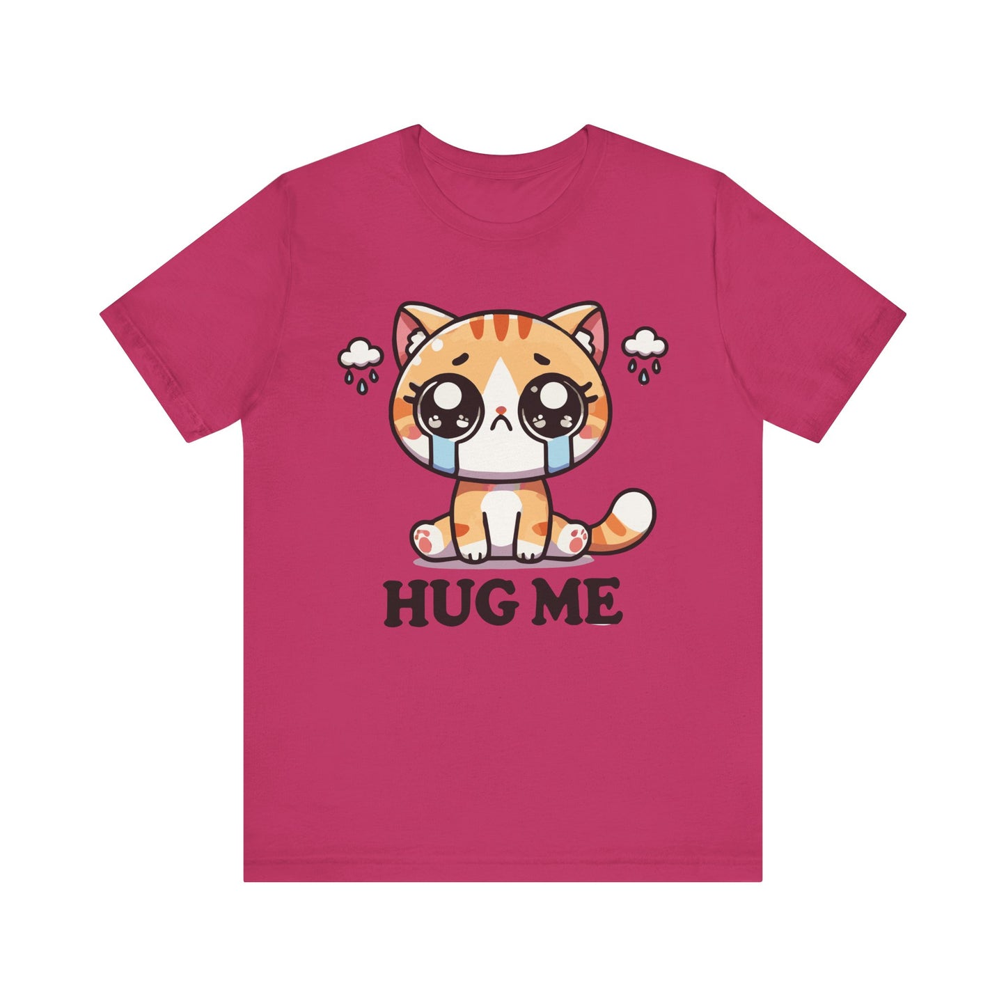 Berry-colored t-shirt with a teary-eyed orange tabby cartoon cat under sad rain clouds, sitting above the text "Hug Me" in bold black font.